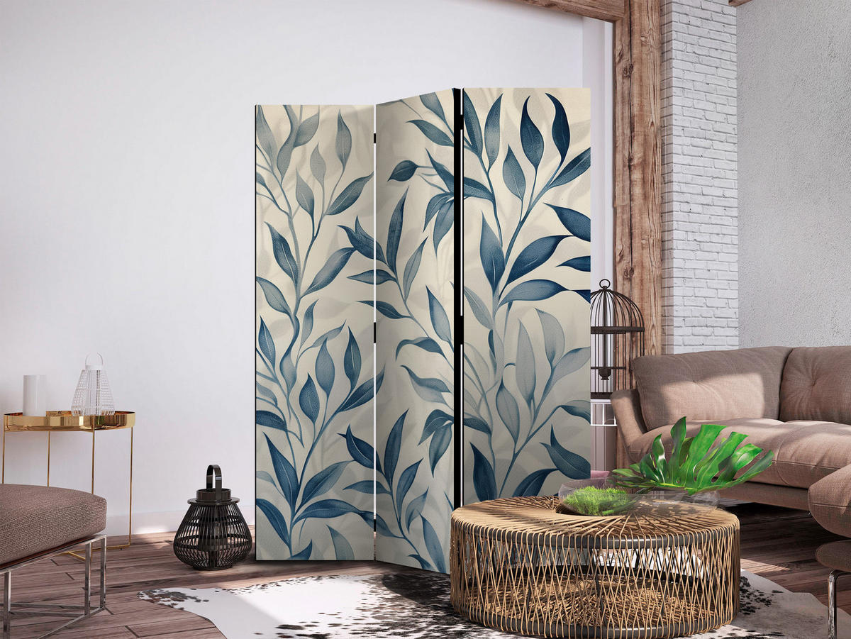 PARAVENT Akustik 3-tlg 135x172 cm Blaue Bl tter Boho - Blau, Holz/Textil (135/172/3cm) - Muralo