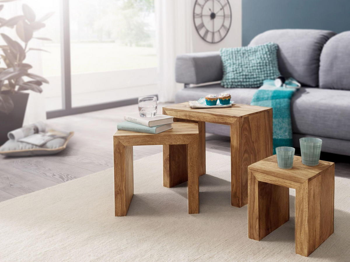 3ER Set Satztisch eckig ABDUL Akazie - Braun, Holz (30/45/50cm) - furnicato
