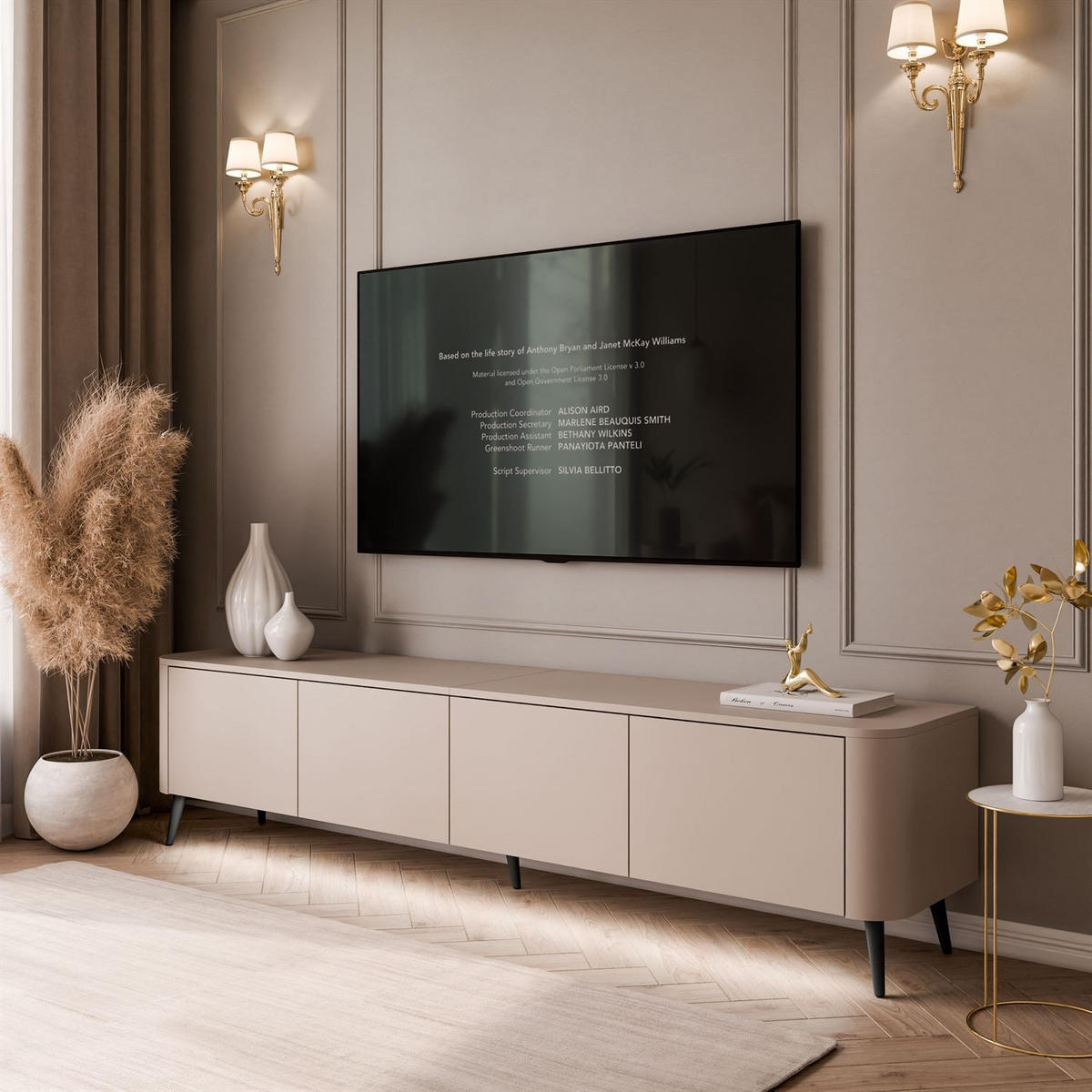 TV-SCHRANK CELESTE PUSH OPEN mit Beleuchtung auf Schräge schwarze Füßen - Kaschmir, Holzwerkstoff (200/46.5/40cm) - Lookway