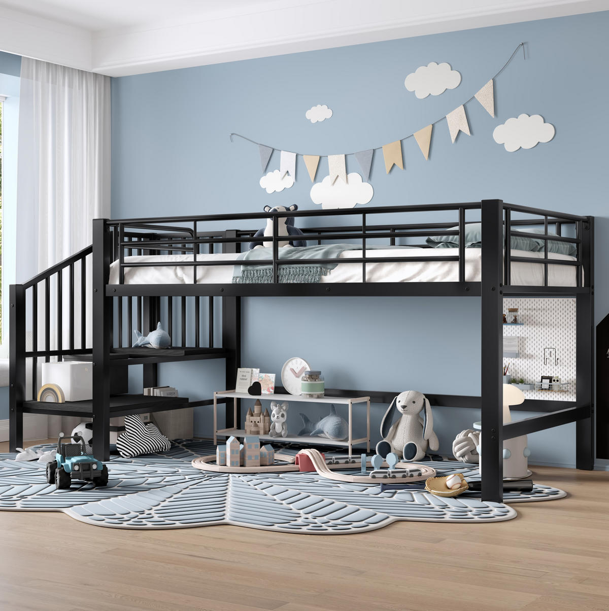 HOCHBETT Halbhohes Hochbett 90/200 cm aus MDF und Metall mit Stauraumtreppe Schwarz - Schwarz, Holzwerkstoff (90/200cm) - Modenvie