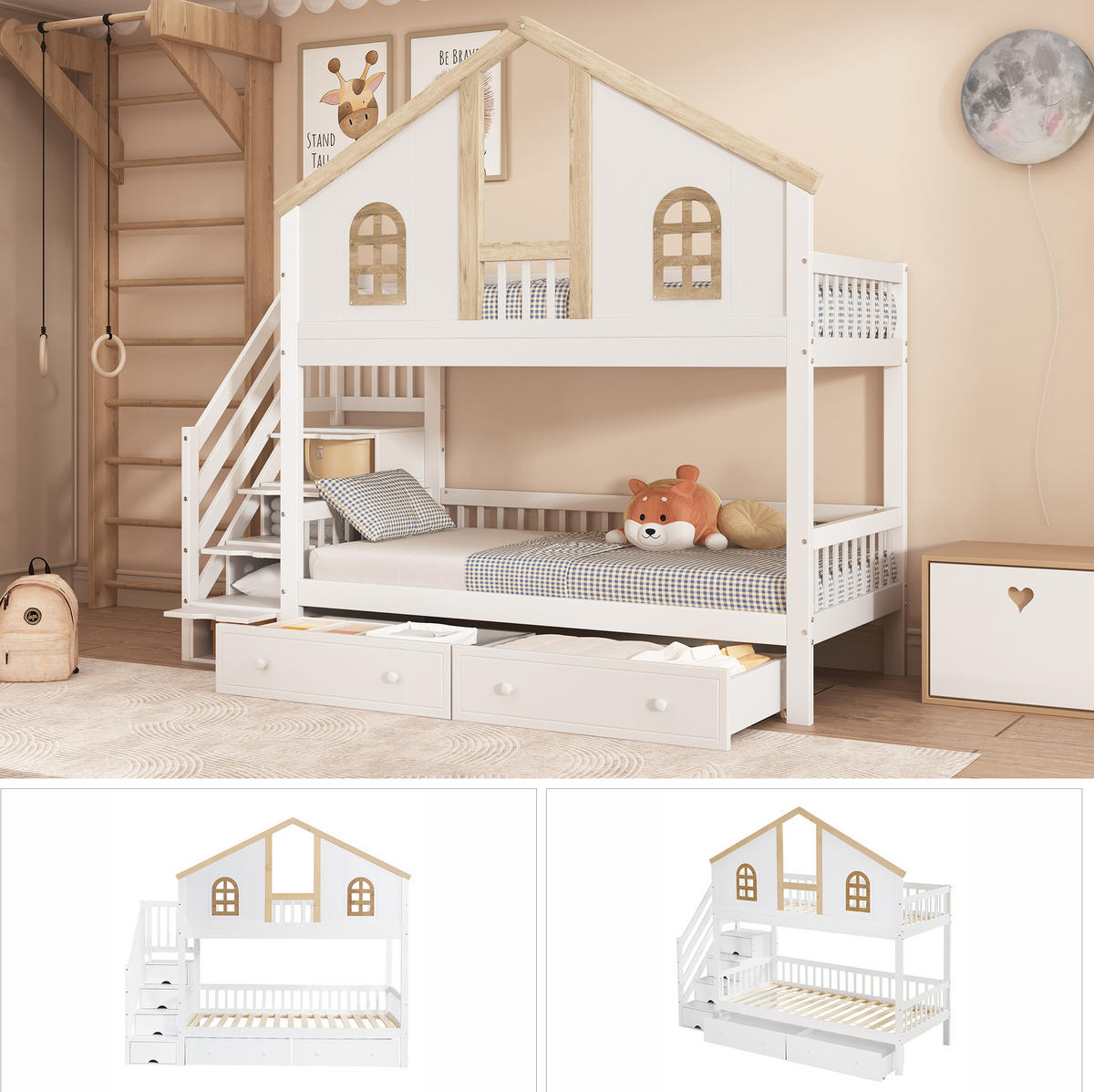 ETAGENBETT aus Kiefer und MDF 90x200 cm Weiß/Natur mit Stauraumtreppe, 2 Schubladen und Fenstern - Weiß, Holzwerkstoff (90/200cm) - Modfu