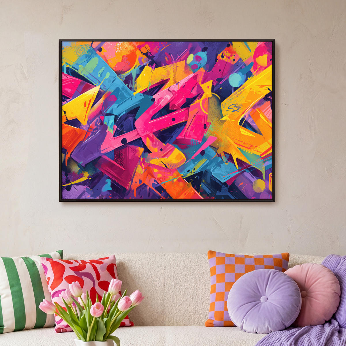 LEINWAND Bilder mit Rahmen - Abstrakt - Formen - Farbenfroh - 100x70 - Magenta, Textil (100/70cm) - MuchoWow