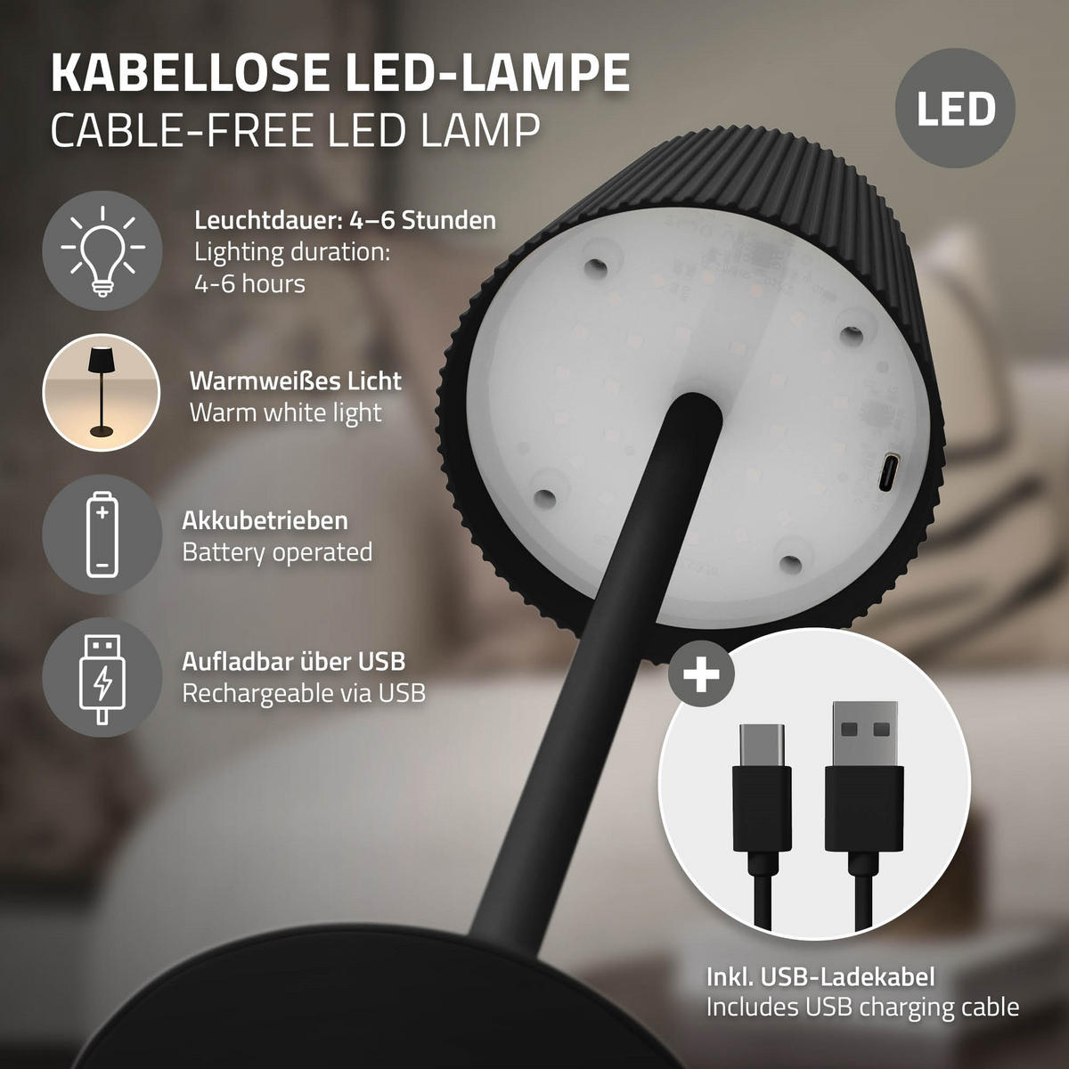 LED TISCHLAMPE kabellos mit Touch Schwarz Ø10x36 cm Warmweiß Dimmbar - Schwarz, Kunststoff (10/10/36cm) - ML-DESIGN