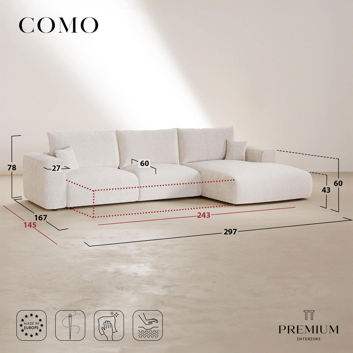 ECKSOFA rechtwinklig COMO Cord Terrakotta 297cm - Dunkelorange/Terracotta, Textil (297/167cm) - Premium Interiors