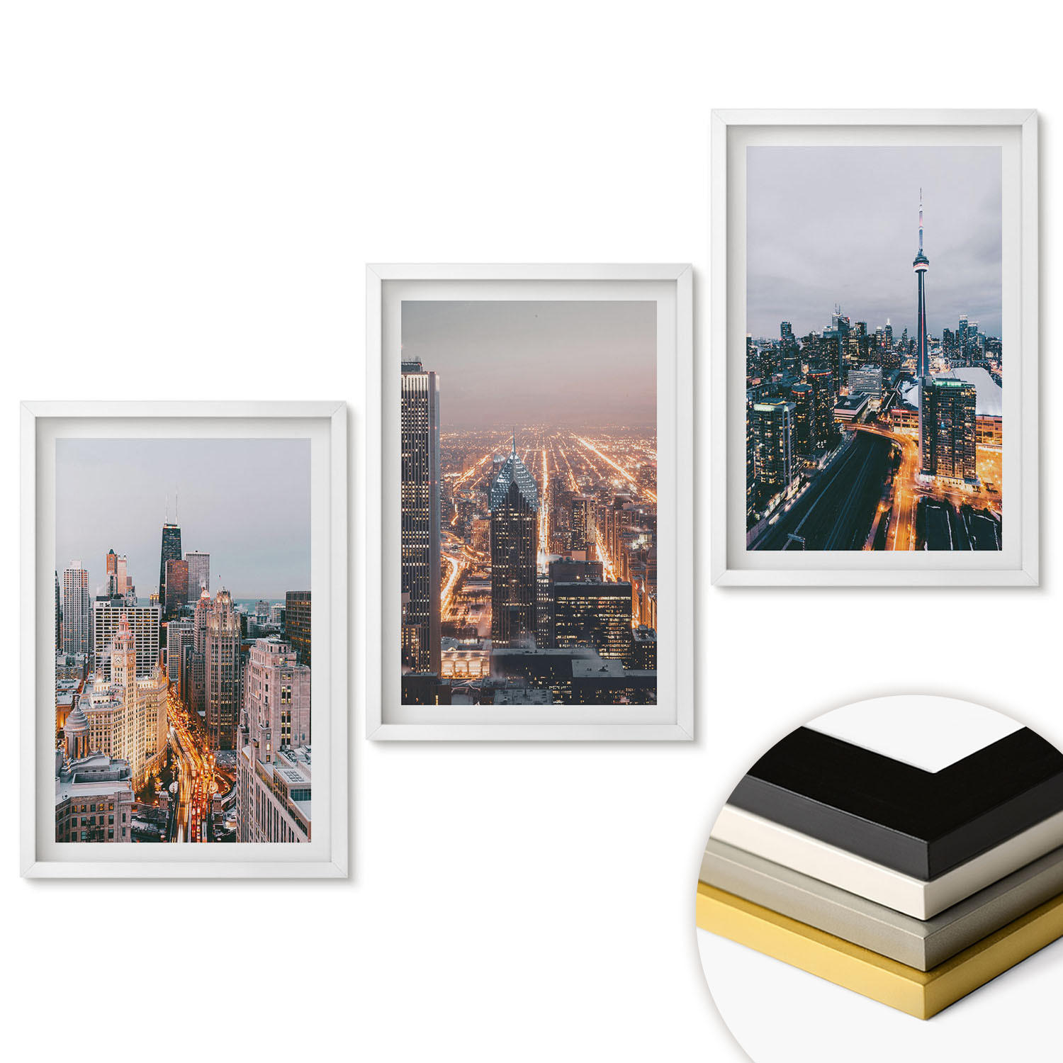 WANDBILDER 3er-Set - 40x60 cm Weißer Rahmen - Städte bei Nacht, Wolkenkratzer, Lichter - Weiß, Kunststoff (40/60cm) - ArtPrintCave