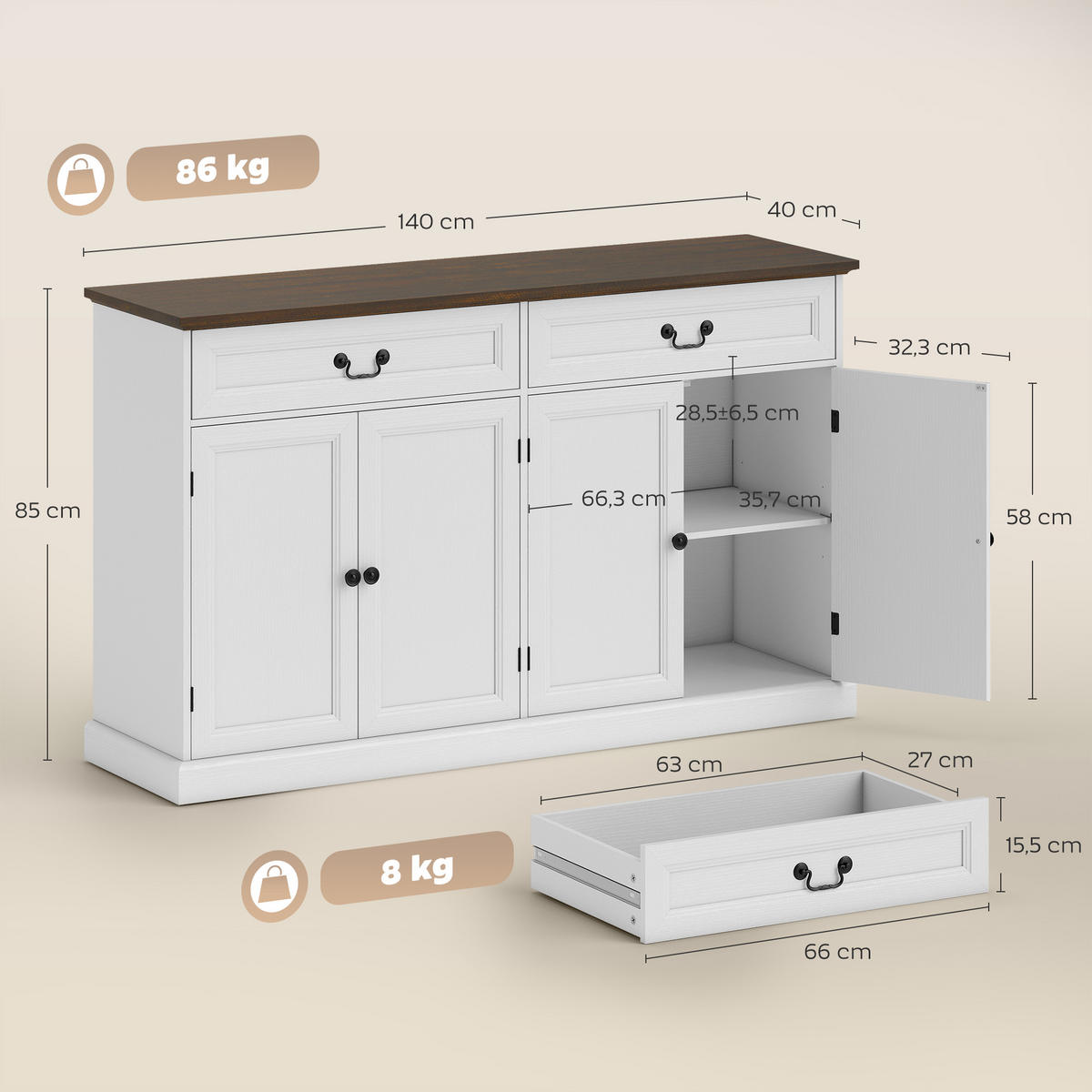 SIDEBOARD DE-11248 4 Türen Weiß/Braun - Weiß, Holzwerkstoff (140/85/40cm) - ComfortXL