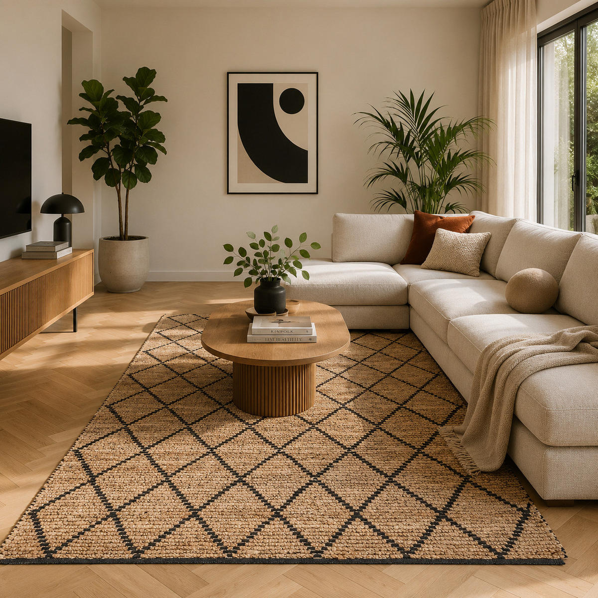 NATURFASER TEPPICH JUTE SALSA RAUTEN - Beige/Schwarz, Textil (120/170cm) - Pergamon