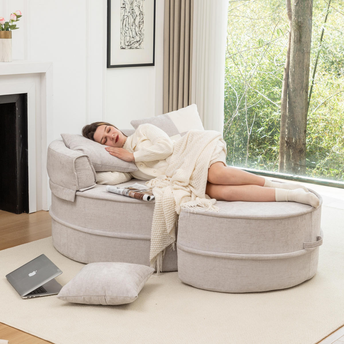SOFA Chenille Grau mit Kissen und Ottomane - Grau, Textil (163/66/121cm) - WISHDOR