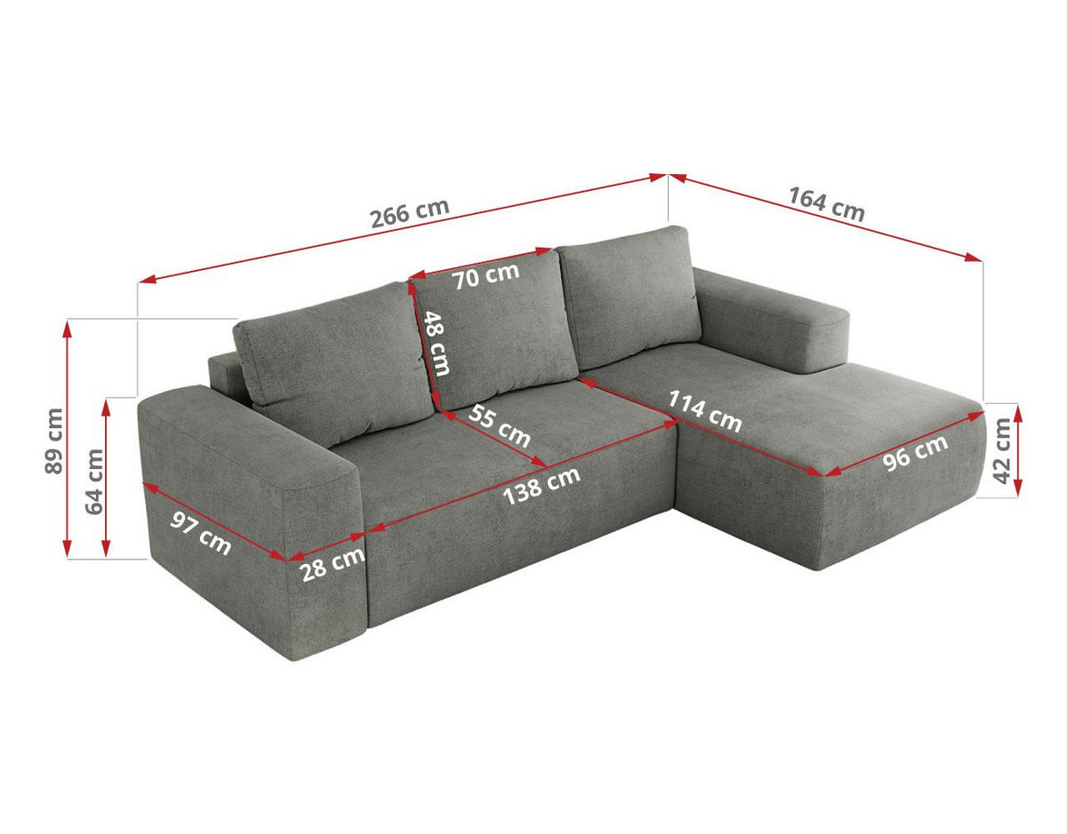 ECKSOFA TRENTINO L Grau Stukture - Rechts - Schwarz/Grau, Textil (164/266cm) - MKS