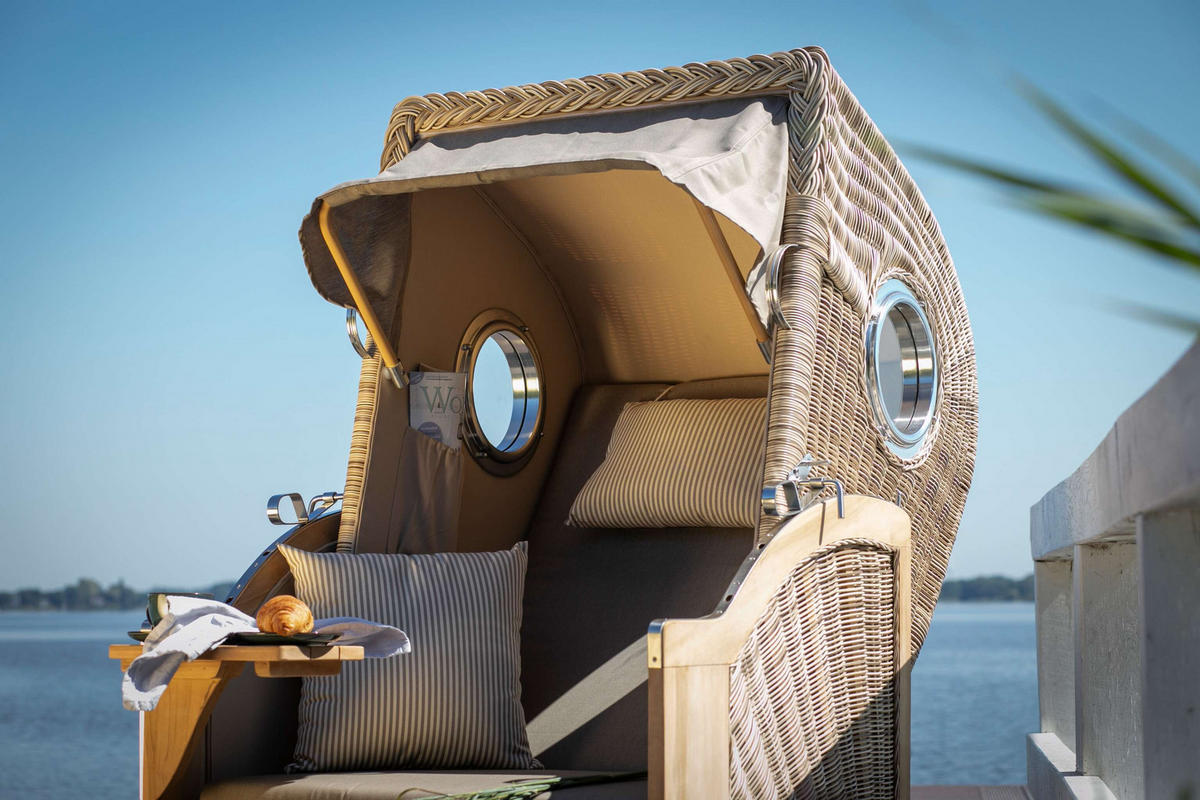 STRANDKORB Düne 1 Sitzer Teak PE Shell - Taupe/Braun, Holz/Textil (96/165/80cm) - Mr. Deko