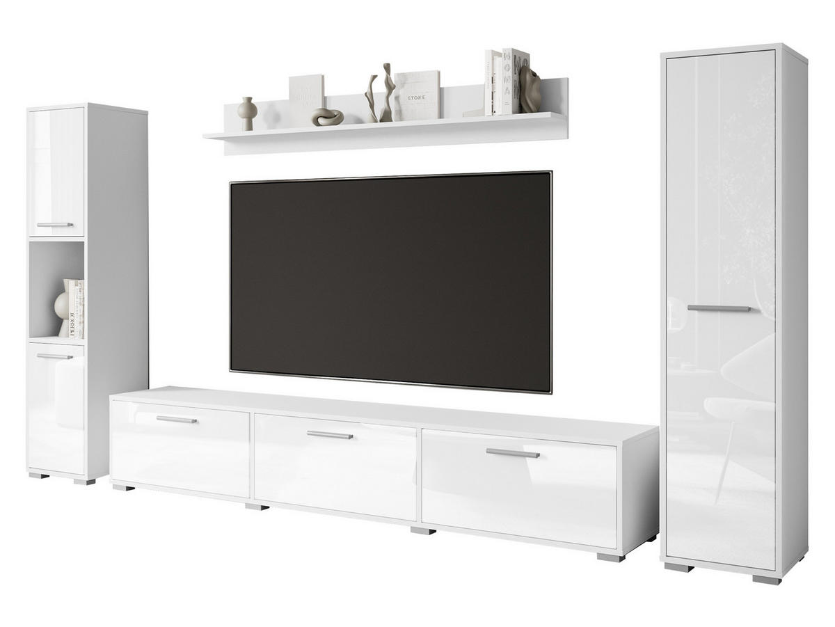 WOHNWAND Bogota XL - Weiß Hochglanz/Silberfarben, Holzwerkstoff/Kunststoff (180/30/31cm) - MIRJAN24