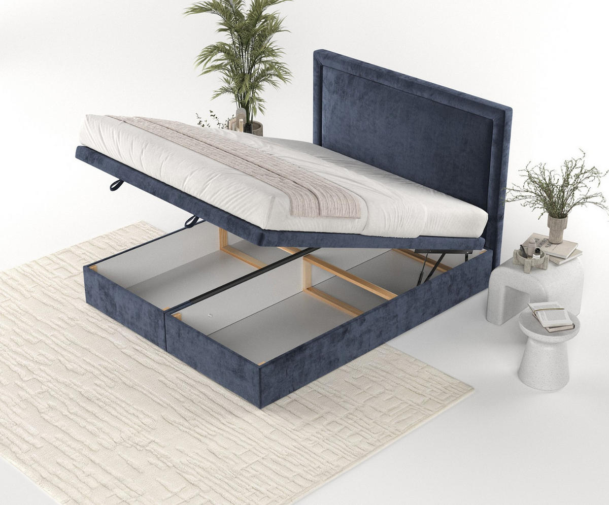 POLSTERBETT Salma mit Stauraum 140/200 cm Marineblau im Lotta Stoff - Schwarz/Dunkelblau, Holz/Holzwerkstoff (140/200cm) - AltaBeds