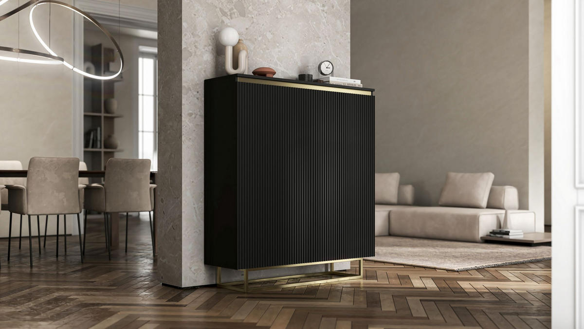 HIGHBOARD Selene 2D Schwarz Matt 111 cm goldfarbener Rahmen - Goldfarben/Schwarz, Holzwerkstoff/Metall (111/125/35cm) - Meble Lindner