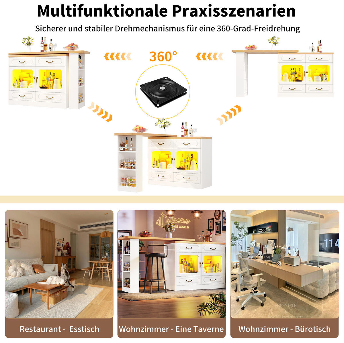 BARTISCH 135-203/39/92,8 cm mit LED und Stauraum, drehbar - Naturfarben, Holzwerkstoff (39/203/92cm) - BEAOK