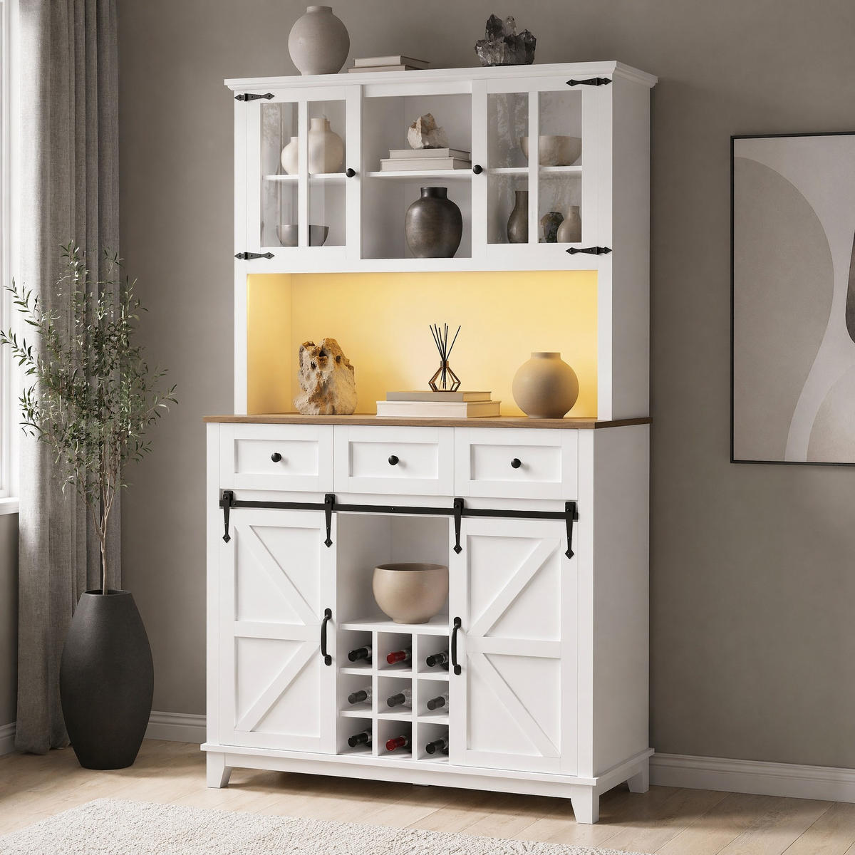 KÜCHENSCHRANK in Weiß mit LED,verstellbaren Ablagen und Schubladen für Wohnzimmer,B105/T38.4/H180cm - Transparent/Weiß, Glas/Holzwerkstoff (105/180/40cm) - STILVORA