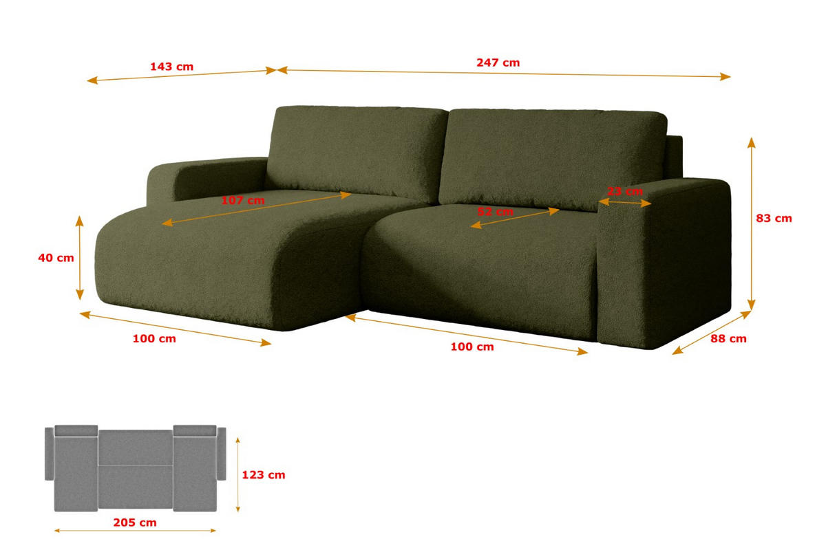 ECKSOFA mit Schlaffunktion und Bettkasten KLEEA-L - 247x143x83 cm Grün Bouclé - Schwarz/Grün, Holzwerkstoff/Kunststoff (247/143cm) - ALTDECOR