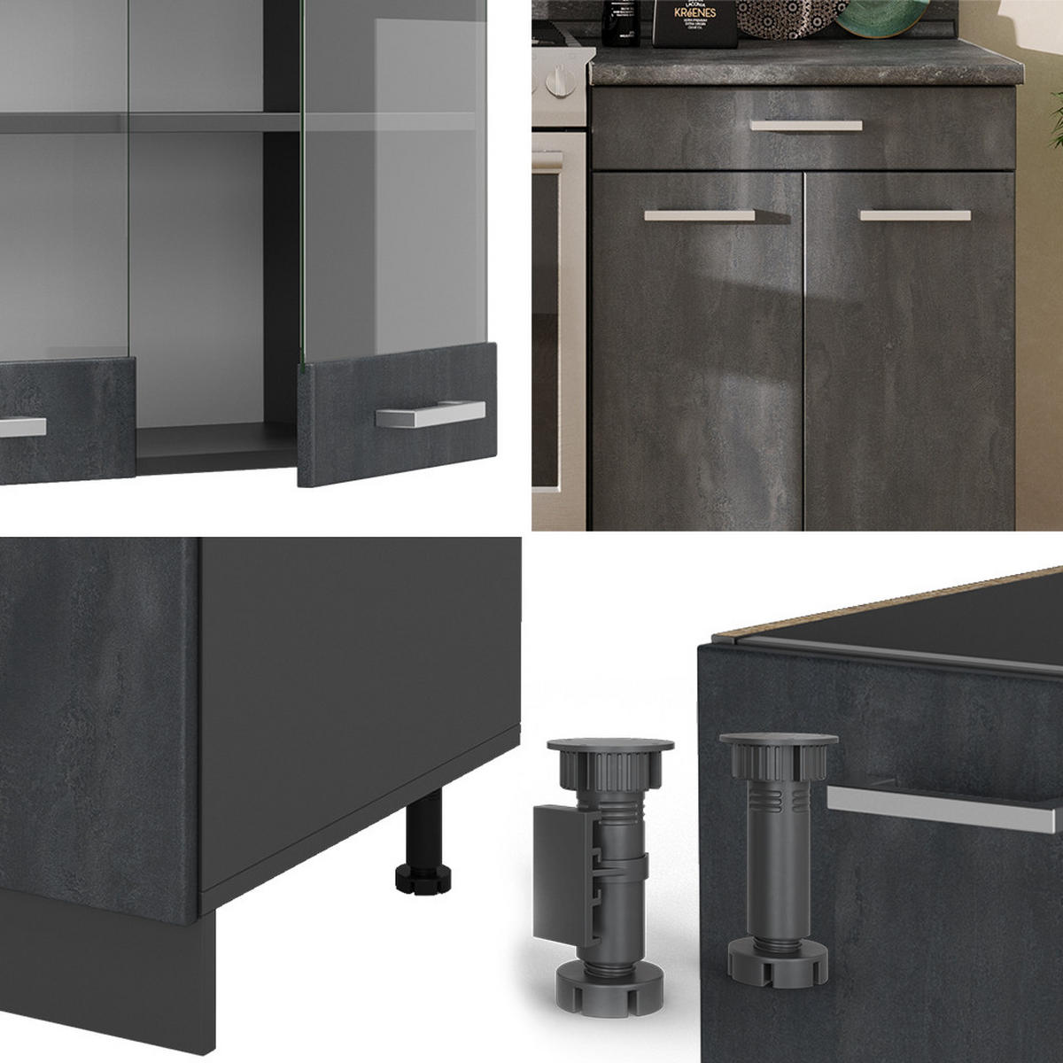 KÜCHENZEILE R-Line Schwarz Beton/Anthrazit 200 cm AP Eiche - Anthrazit/Schwarz, Holzwerkstoff (200/81.6/60cm) - Vicco