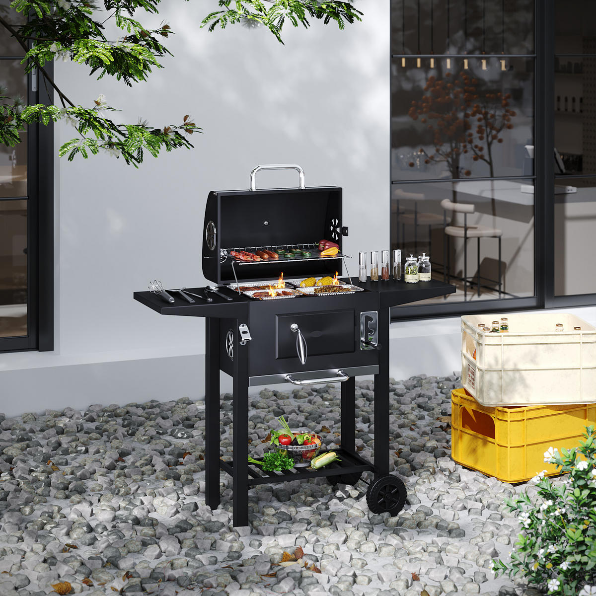HOLZKOHLEGRILL aus Karbonstahl in Schwarz Tragbarer Outdoor BBQ 2 Seitentischen Temperaturbereich: 100-800°F 109 cm B × 46 cm T × 96,5 cm H - Schwarz, Metall (109/106.5/46cm) - Livingandhome