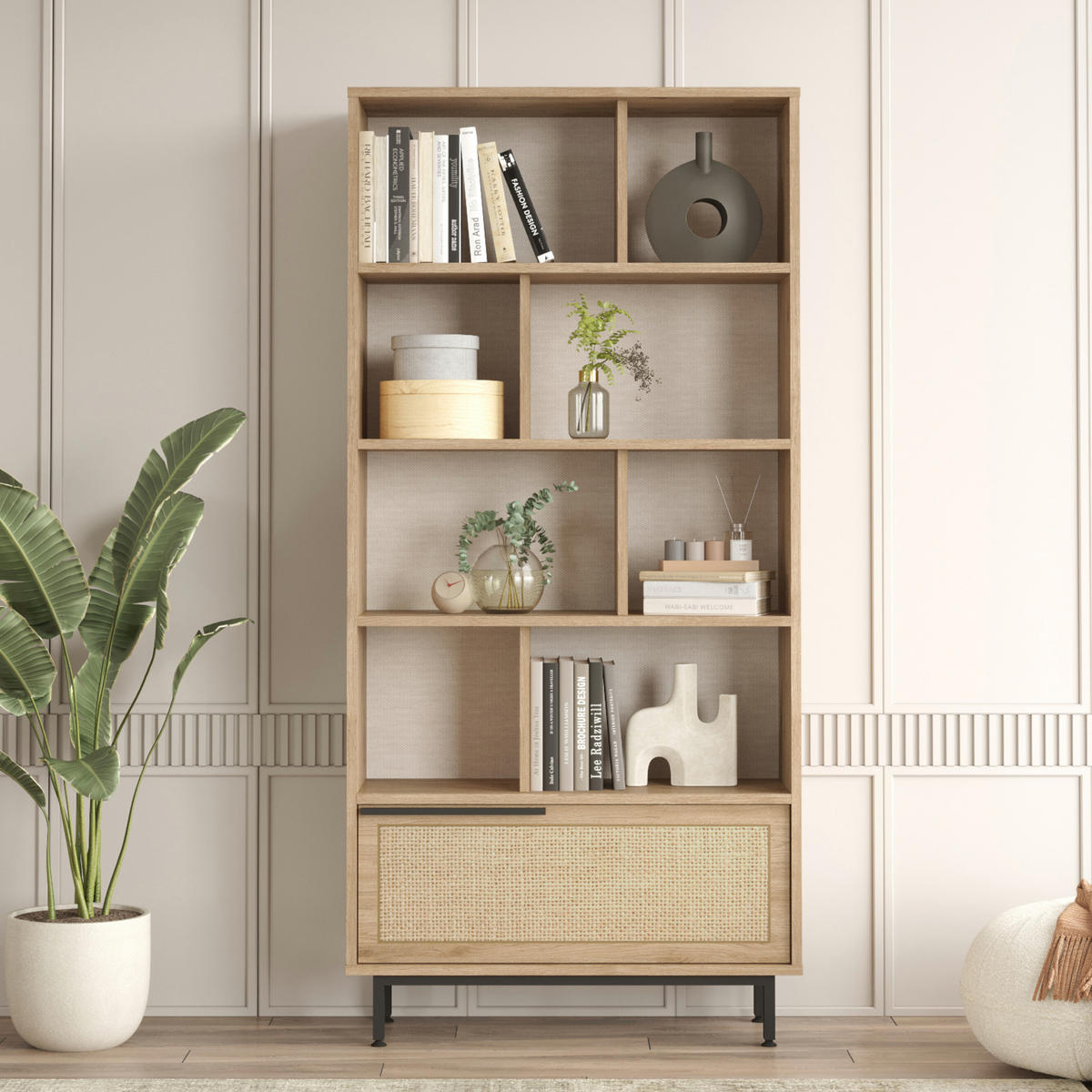 KNIHOVNA Kvænangen - černá/barva dubu, kov/kompozitní dřevo (84/175.5/29.5cm) - [en.casa]