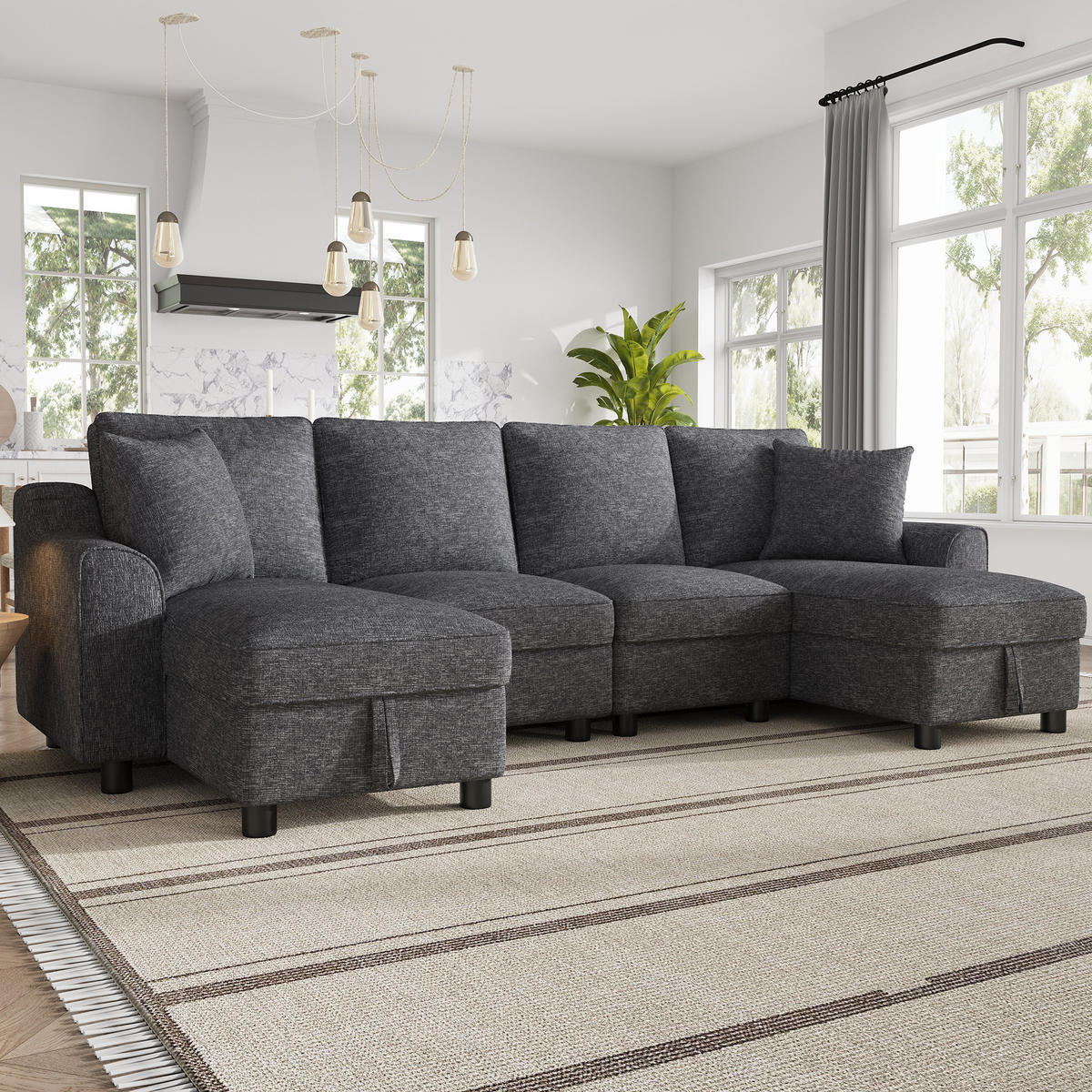 WOHNLANDSCHAFT Chenille Grau mit Stauraum und mit Kissen - Grau, Holzwerkstoff/Kunststoff (280/84/173cm) - WISHDOR