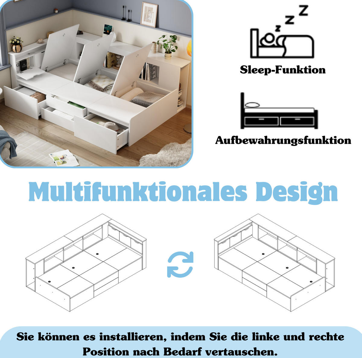 KINDEREINZELBETTEN aus MDF 90x200 cm in Weiß mit 4 Schubladen & Stauraum - Weiß, Holzwerkstoff (90/200cm) - Modfu