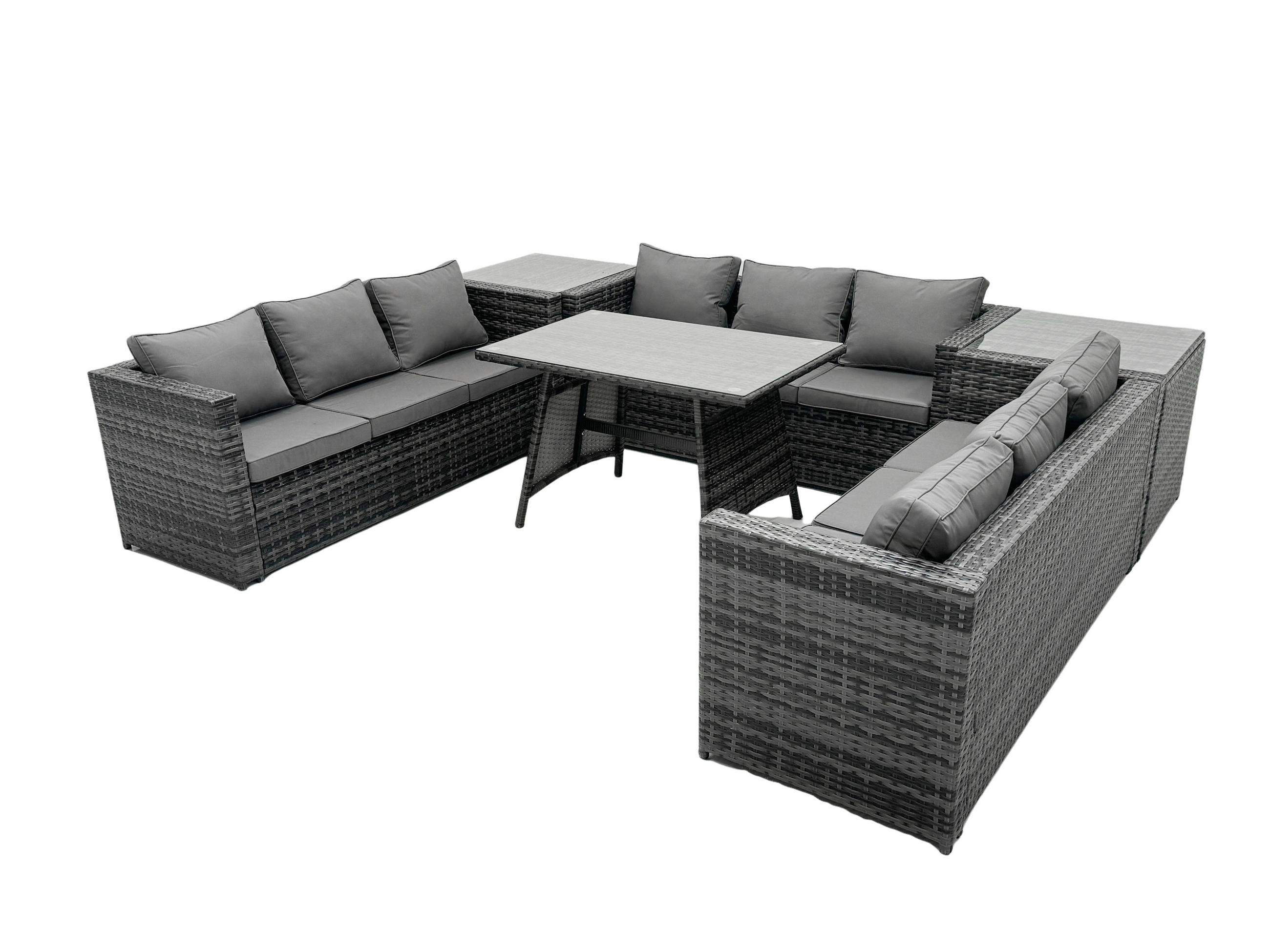 GARTENMÖBELSET mit Esstisch 9-Sitzer Grau - Dunkelgrau/Grau, Glas/Kunststoff - Fimous