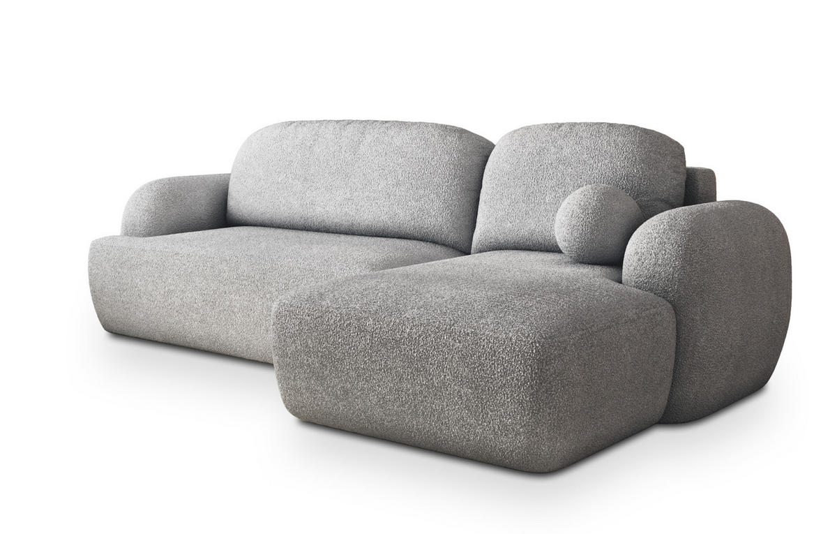 ECKSOFA MODENZA N R-S Hellgrau Boucle-Stoff mit Schlaffunktion - Hellgrau, Holz (266/148cm) - MASSENO