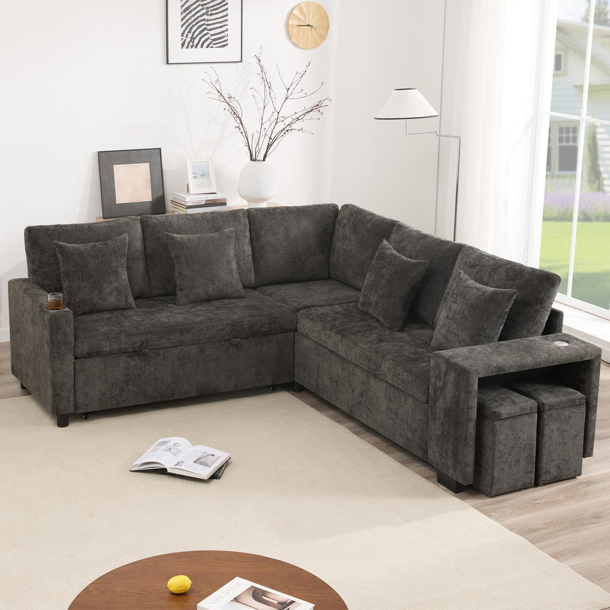SCHLAFSOFA Grau L-Form USB Stauraum Getränkehalter Kissen - Grau, Textil (205/220cm) - FLIEKS