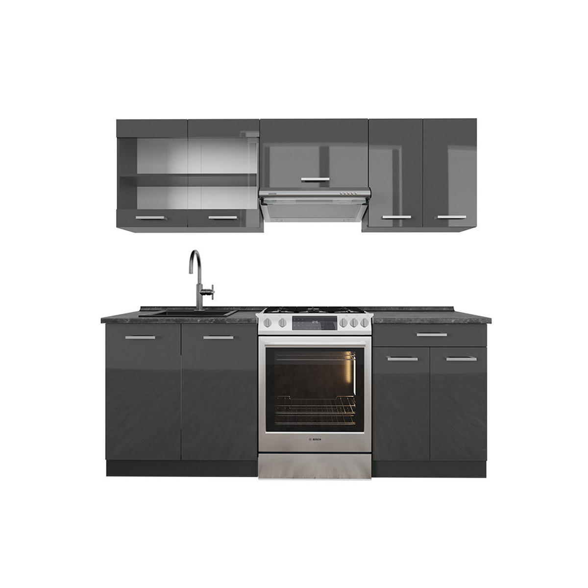 KÜCHENZEILE R-Line Anthrazit Hochglanz/Anthrazit 200 cm , AP Anthrazit - Schwarz Hochglanz/Anthrazit, Holzwerkstoff (200/81.6/60cm) - Vicco