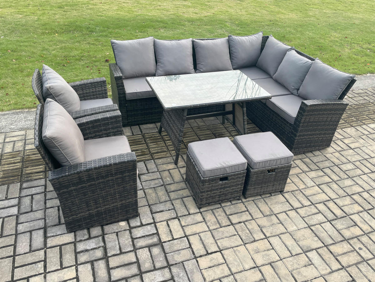 LOUNGEMÖBEL-SETS mit Esstisch Sofa Polyrattan Dunkelgrau 10-Sitzer - Dunkelgrau/Grau, Glas/Kunststoff - Fimous