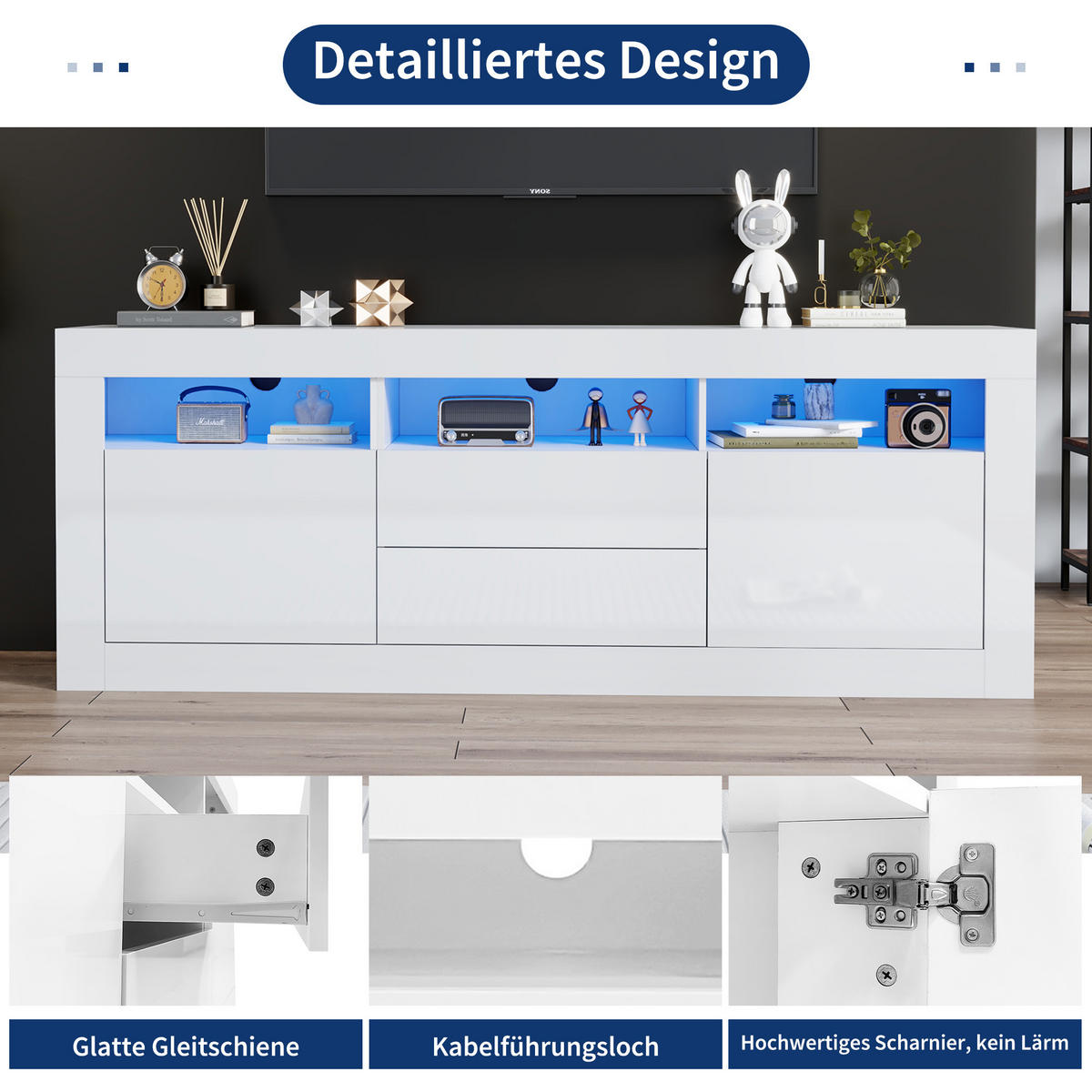 TV-SCHRANK DE-40482 2 Schubladen und 2 Türen mit LED Weiß - Weiß, Holzwerkstoff (160/60/35cm) - ComfortXL