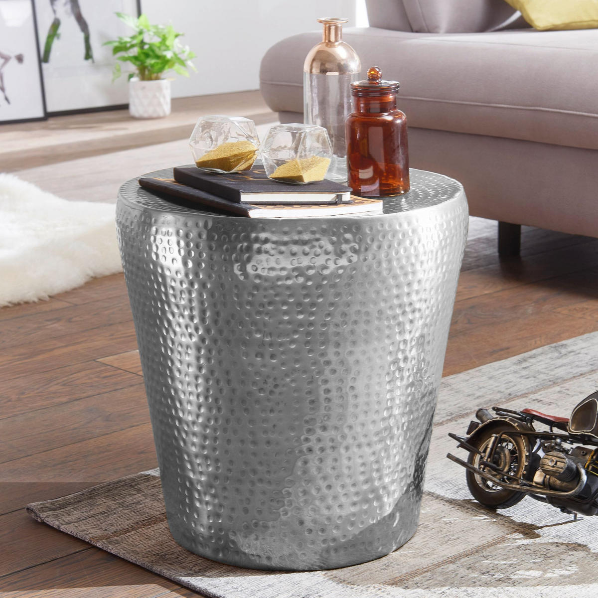 BEISTELLTISCH – Rund Silber Aluminium Hammerschlag 42 cm orientalisch - Silberfarben, Metall (41/41/41cm) - KADIMA DESIGN