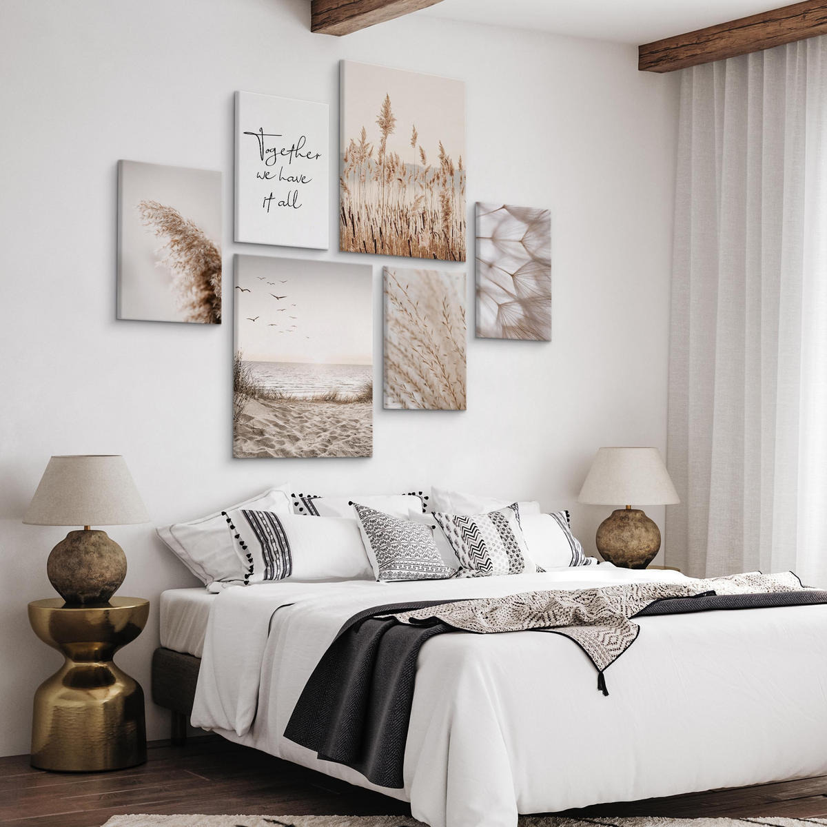 LEINWANDBILDER 6-er Set Pflanzen Meer 3D - Beige/Schwarz, Textil (90/80cm) - Muralo