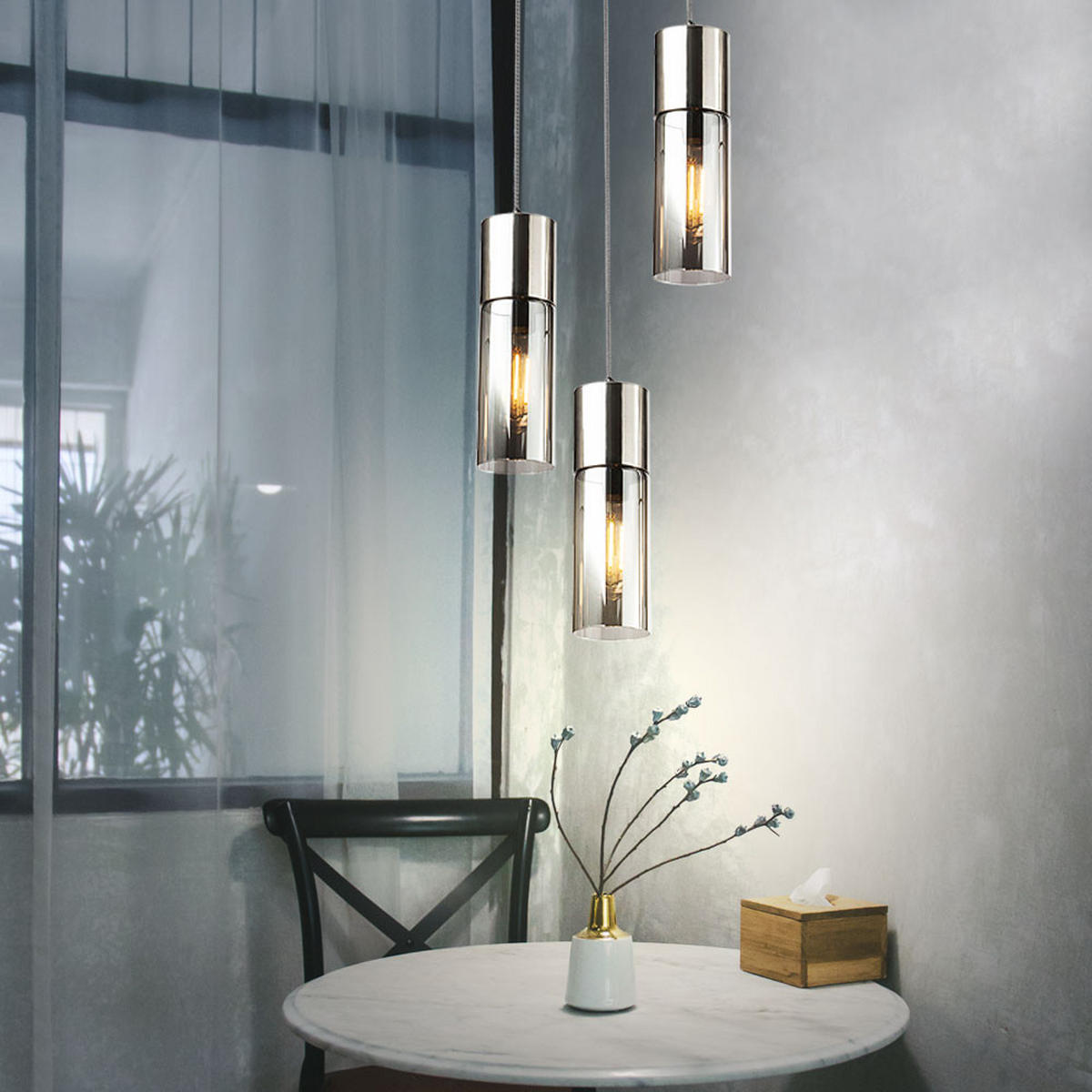 HÄNGELEUCHTE Metall Rauchglas Silber 3-flammig - Silberfarben, Glas (30/30/150cm) - Globo Lighting