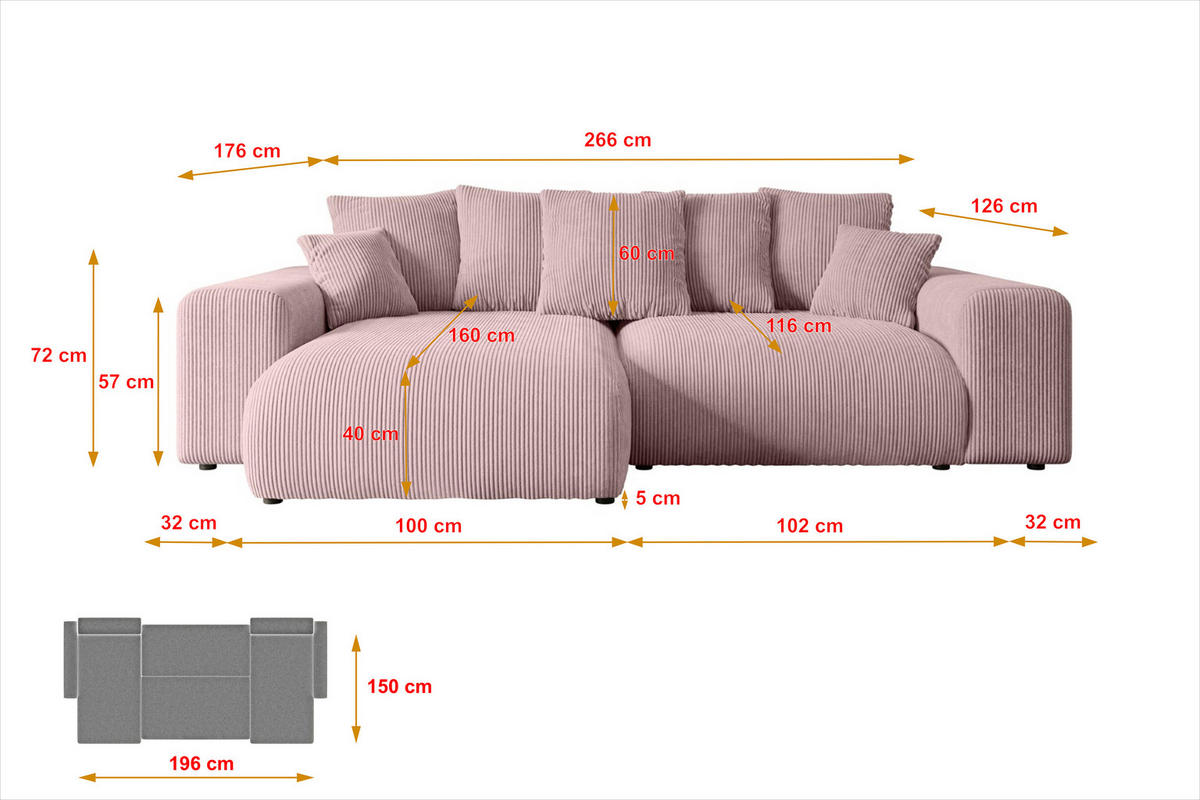 ECKSOFA Ottomane links ESKAR-L 266x176x72 Rosa Cord - Schwarz/Rosa, Holzwerkstoff/Kunststoff (266/176cm) - ALTDECOR