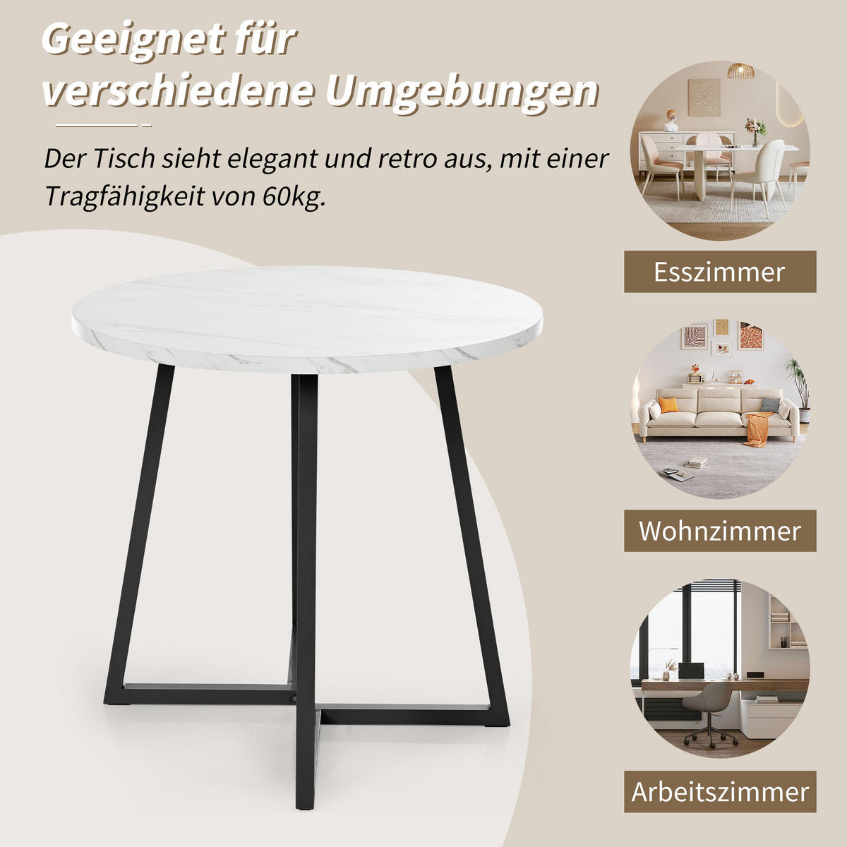 ESSTISCH rund 80/80/75 cm Weiß MDF Tisch mit Marmormuster und Metallgestell - Weiß, Holzwerkstoff (80/80/75cm) - OKWISH