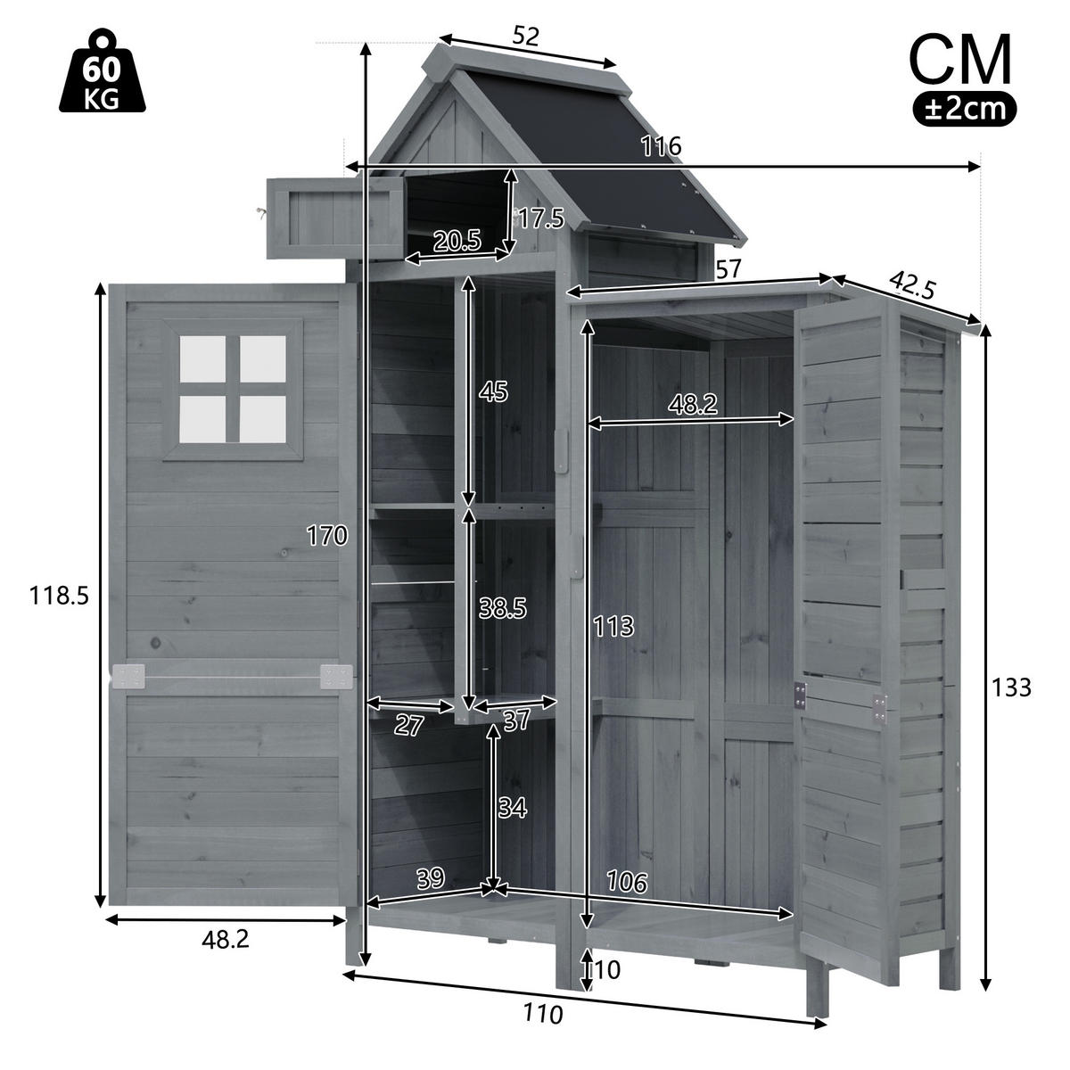 GARTENSCHRANK Tanne wetterfest Doppel Tür Stauraum Garten Grau - Grau, Holz (52/170/116cm) - FLIEKS