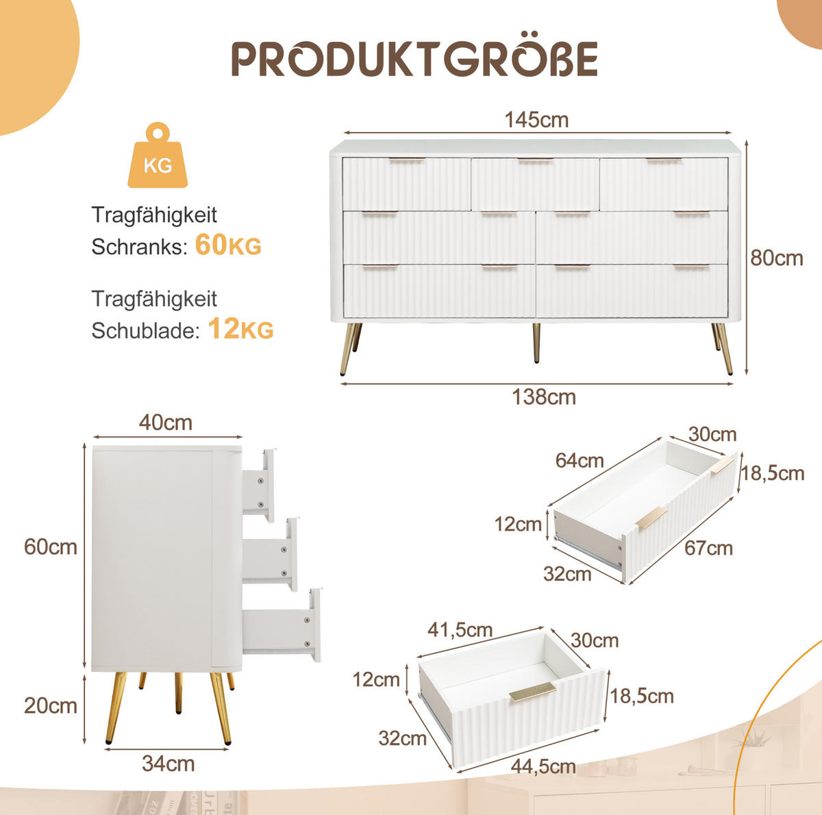 KOMMODE in Weiß 145x40x80 cm mit 7 Schubladen, Soft-Close-Funktion und Kippsicherung - Weiß, Holzwerkstoff (40/80/145cm) - IVMEU