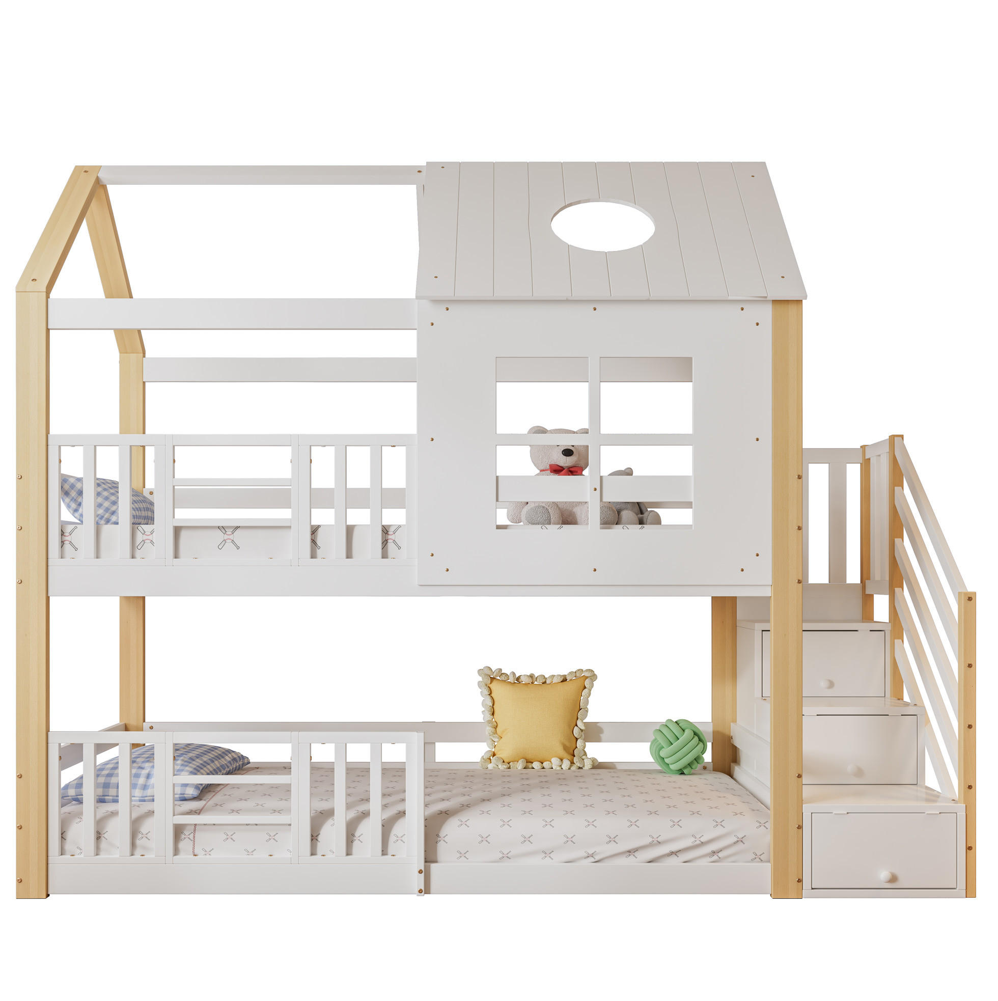 ETAGENBETT 90/200 cm mit Aufbewahrungstreppe, Fallschutzgitter und Hausdach, Kiefer/MDF, Weiß/Natur - Weiß, Holz (90/200cm) - Redom