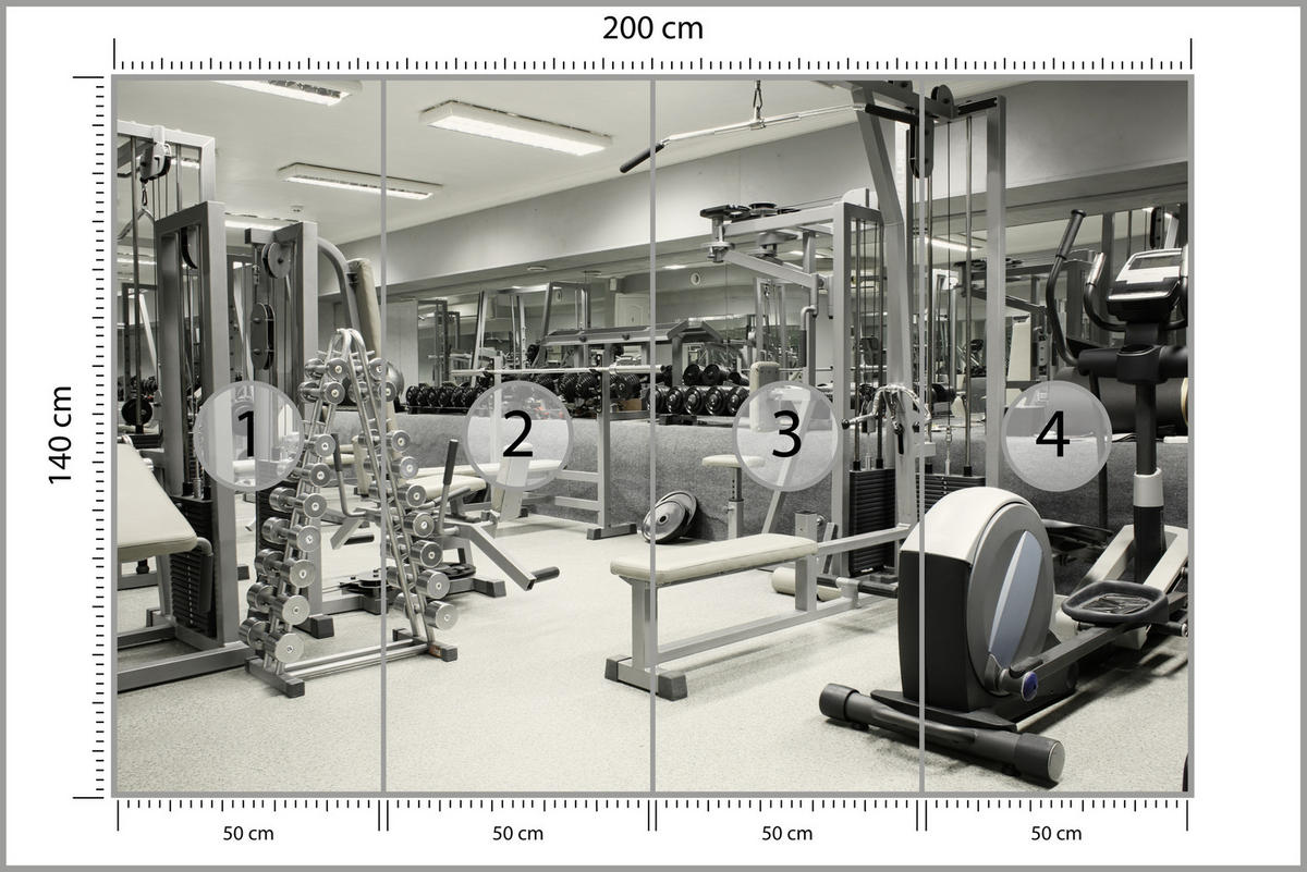 FOTOTAPETE Fitnessstudio Innenraum Equipment Modern Sport 200x140 - Ecru/Creme, Papier (200/140cm) - Muralo