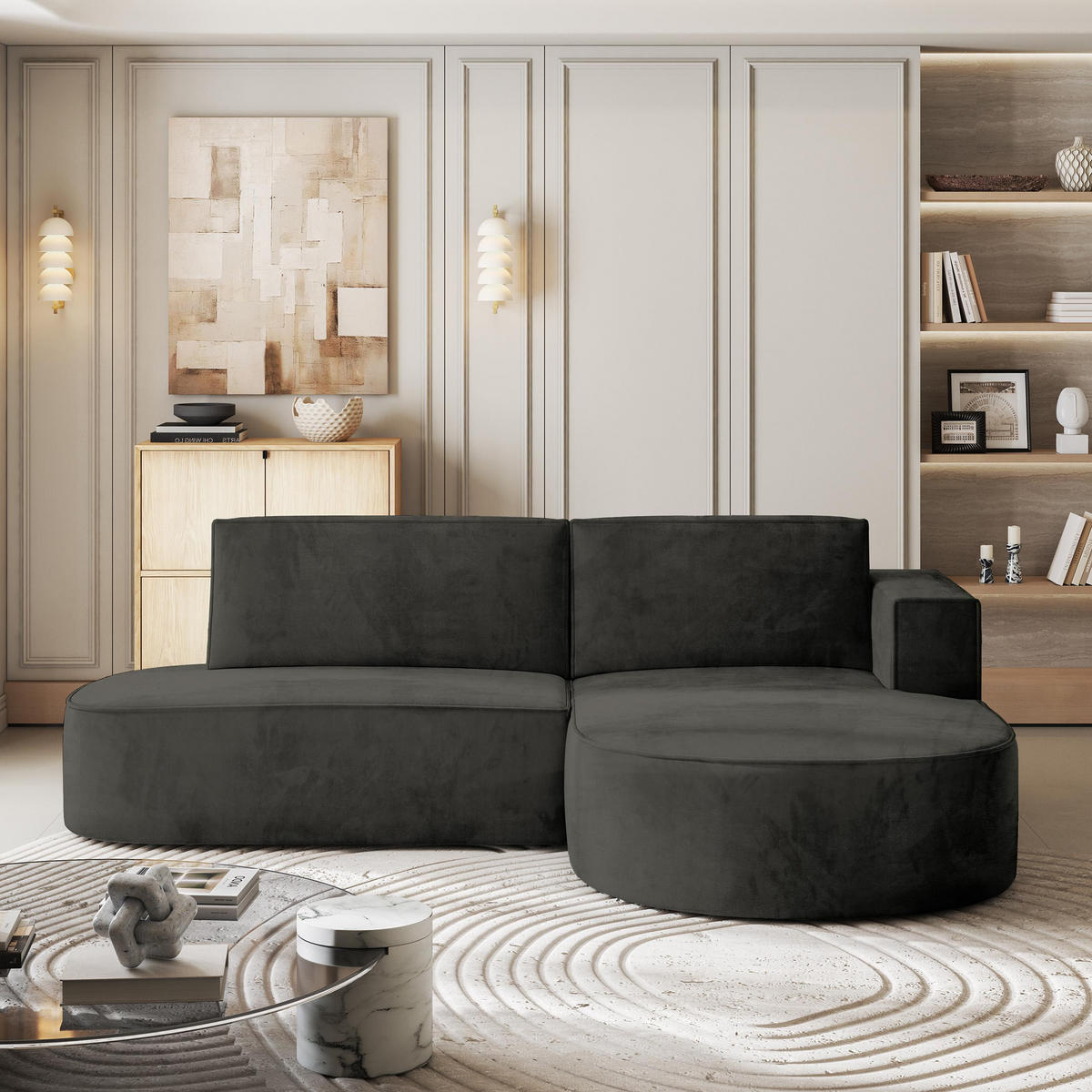 ECKSOFA CORTIO M R-S Schwarz Velours-Stoff mit Schlaffunktion - Schwarz, Holz (265/174cm) - MASSENO