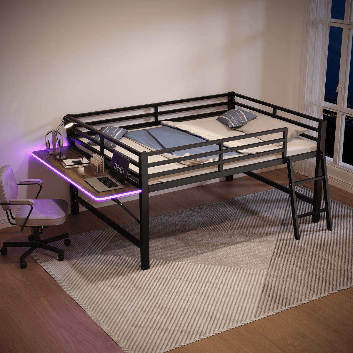 VYVÝŠENÁ posteľ 140/200 cm čierna z kovu so zábranou a rebríkom so sklápacím stolom a LED osvetlením - čierna, kov (140/200cm) - OKWISH