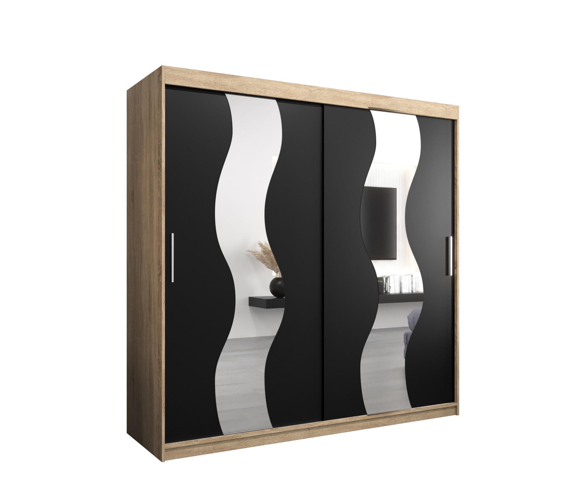 Abiks Möbel Schwebetürenschrank Sonoma Eiche, Schwarz 200x200x62 cm