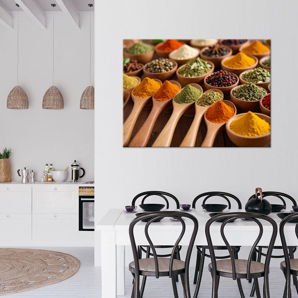 LEINWANDBILD Holzlöffel mit Gewürzen und Kräutern 120x80cm - Multicolor, Textil (120/80cm) - Feeby