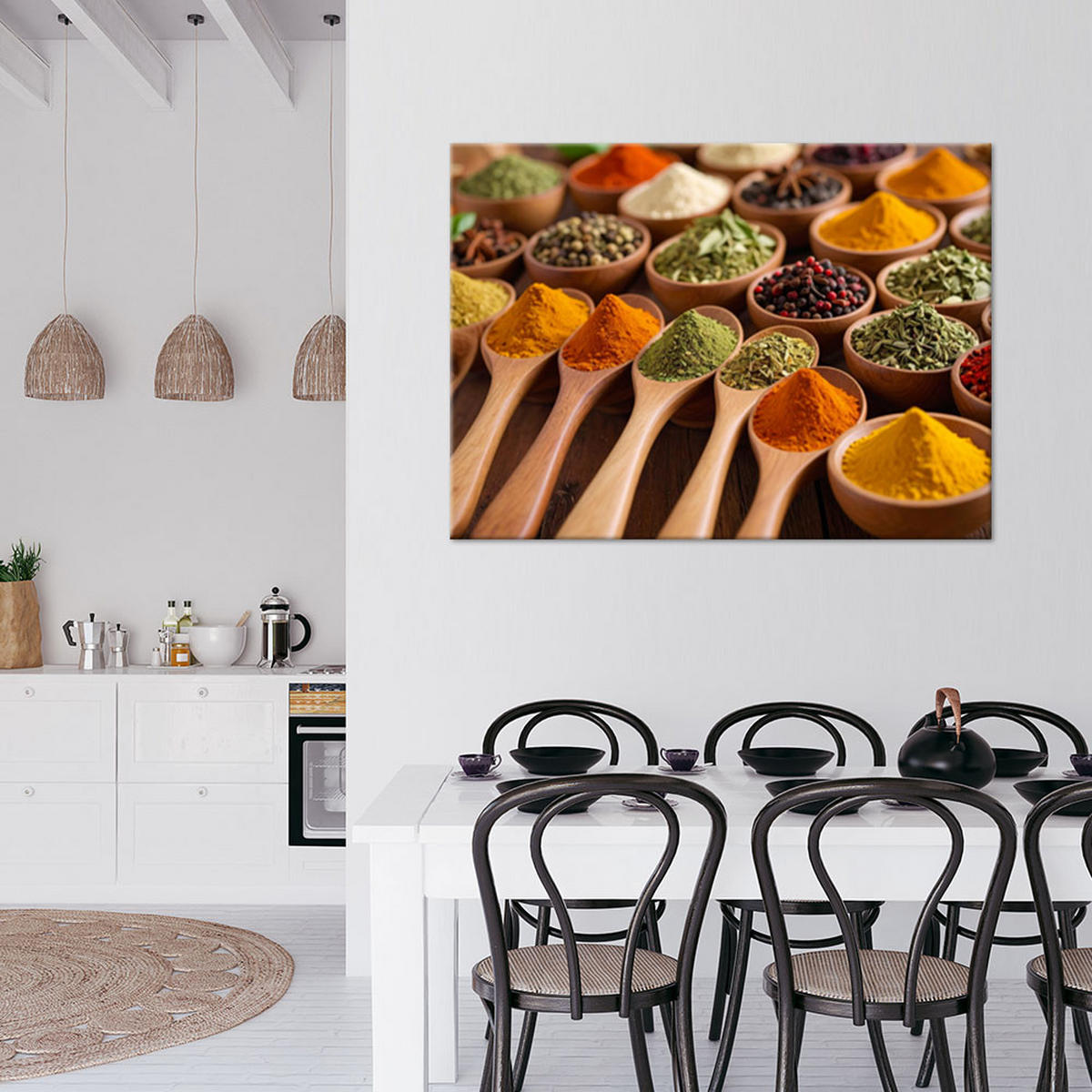 LEINWANDBILD Holzlöffel mit Gewürzen und Kräutern 90x60cm - Multicolor, Textil (90/60cm) - Feeby