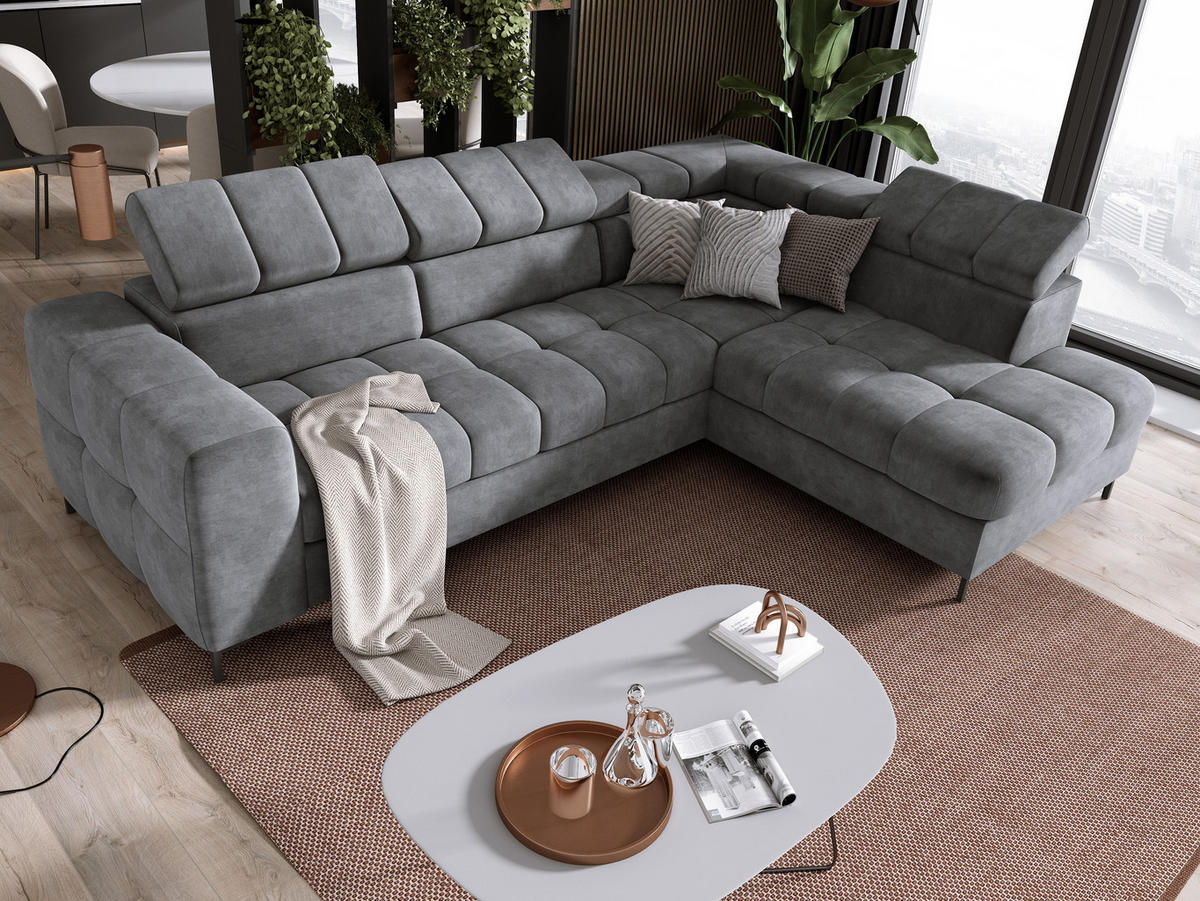 ECKSOFA PABLOS Cloud, L-förmig, Moderne, mit verstellbarem Kopfteil, Schlaf- & Lagermöglichkeiten, freistehend, RECHTS 279x201x97 cm Grey - Grau, Holz/Textil (279/201cm) - DomoHome