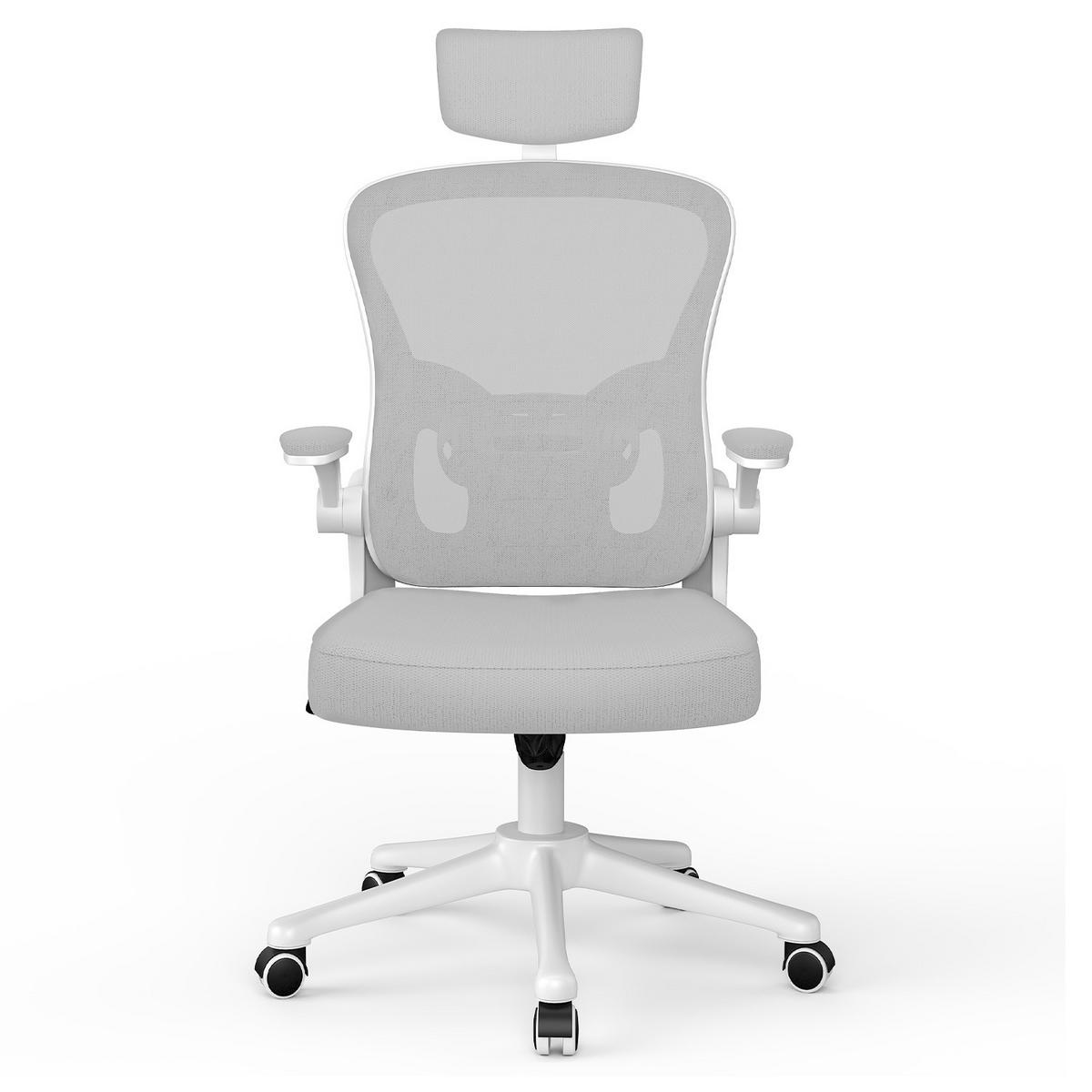 BÜROSTUHL ergonomisch, höhenverstellbar, klappbare Armlehnen, Kopfstütze – Grau - Grau, Metall (50.5/134/52cm) - Rattantree