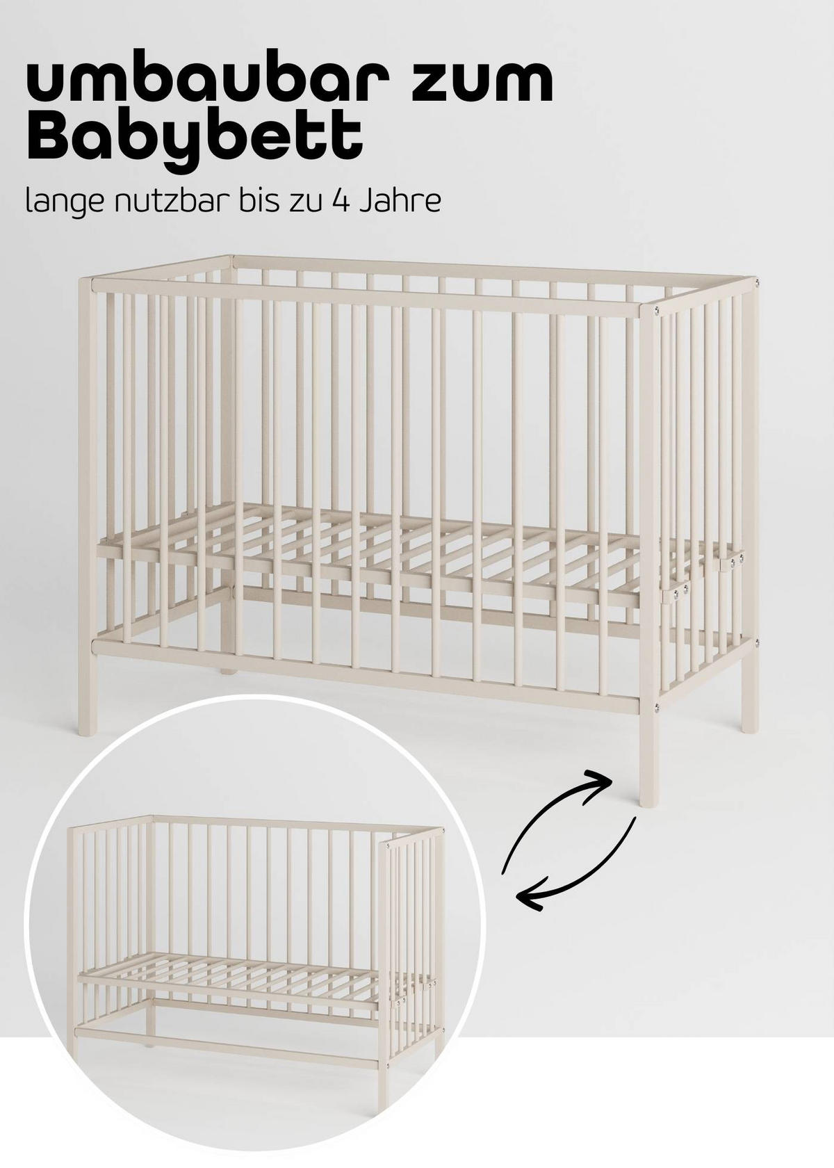 BEISTELLBETT mit Rollen und Umbauseite - sahara dust - Dreamy 4 in 1 Bett - Sandfarben, Holz (120/90/60cm) - Sämann – make a difference.