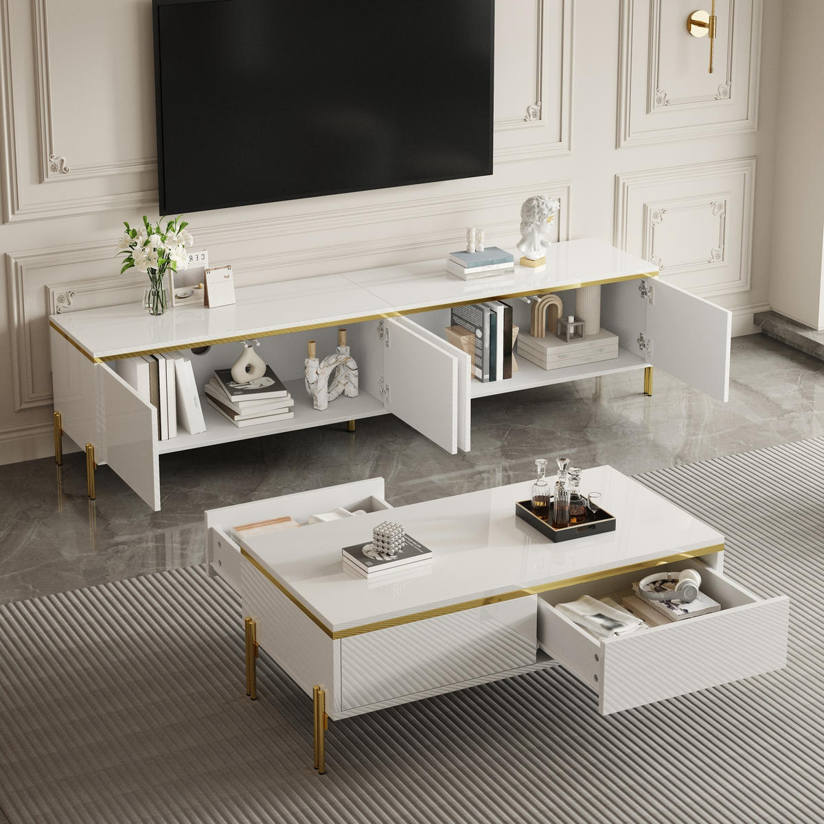 TV- & COUCHTISCH-SET Hochglanz Goldkante Stauraum modern Luxus - Weiß, Holzwerkstoff (38/50/170cm) - FLIEKS