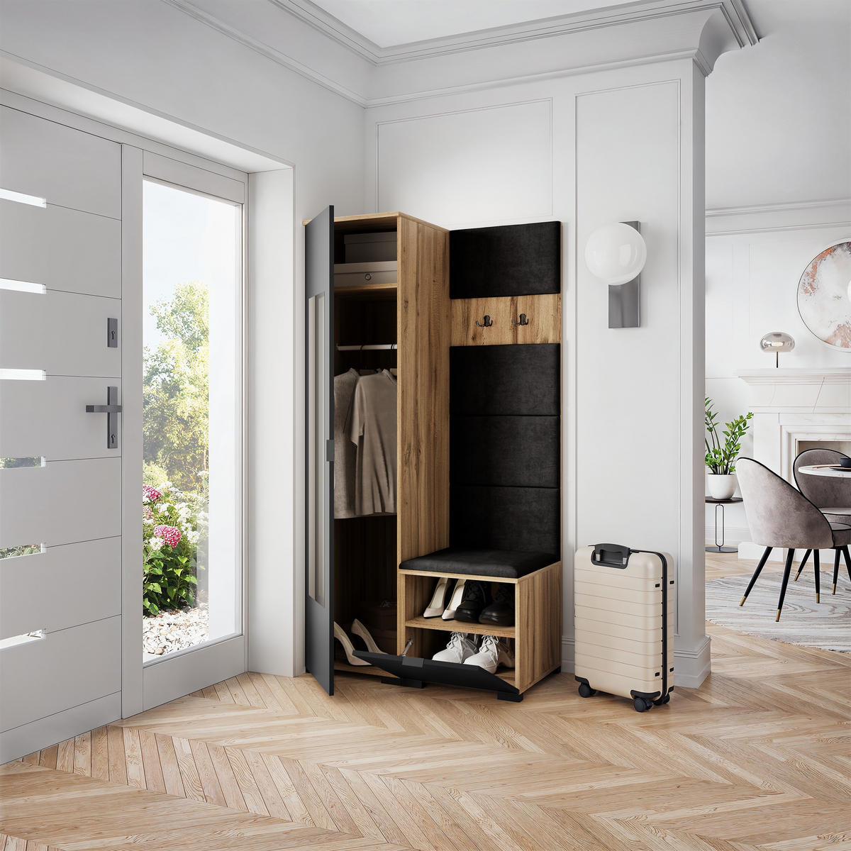 GARDEROBENSCHRANK VIRA 95/181/51 cm Modern Eiche Wotan - Eiche Wotan/Schwarz, Holzwerkstoff (95/181/51cm) - MASSENO